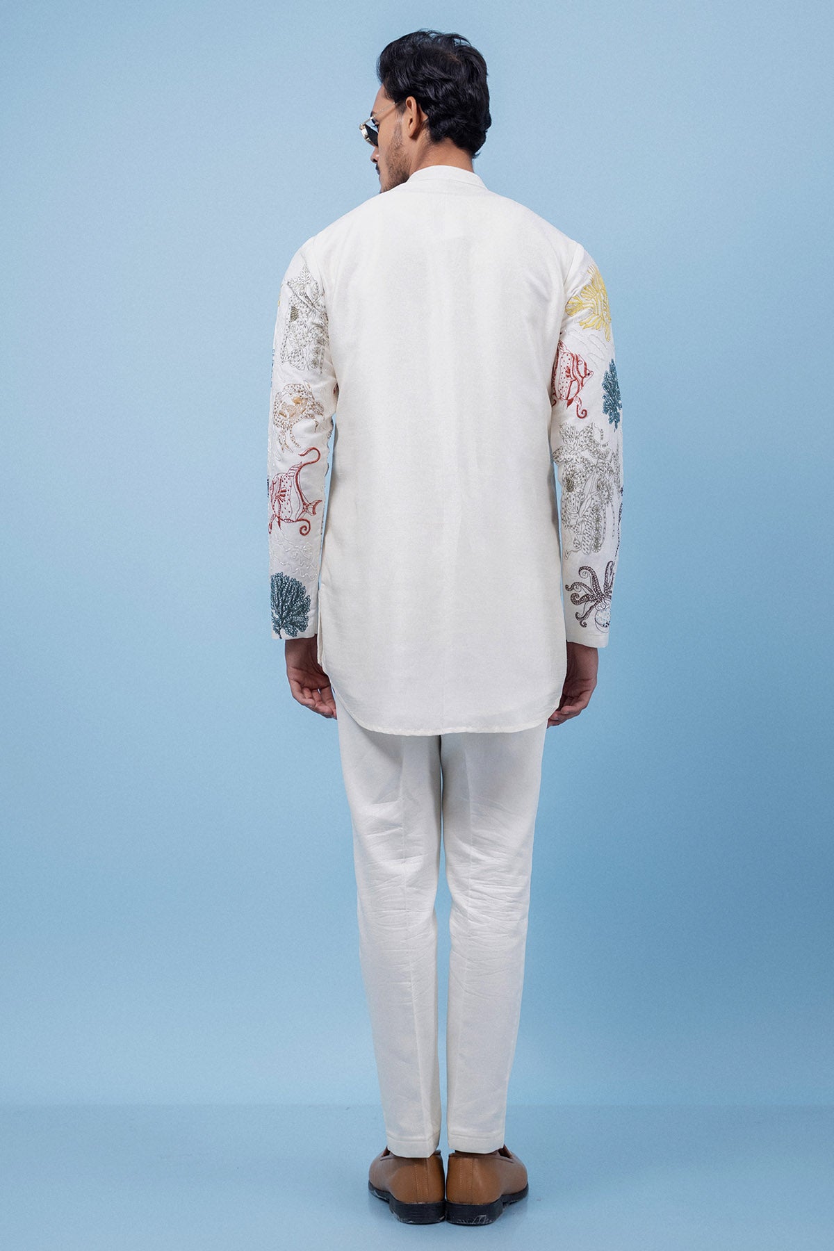 Cream Coral & Fish Motif Kurta