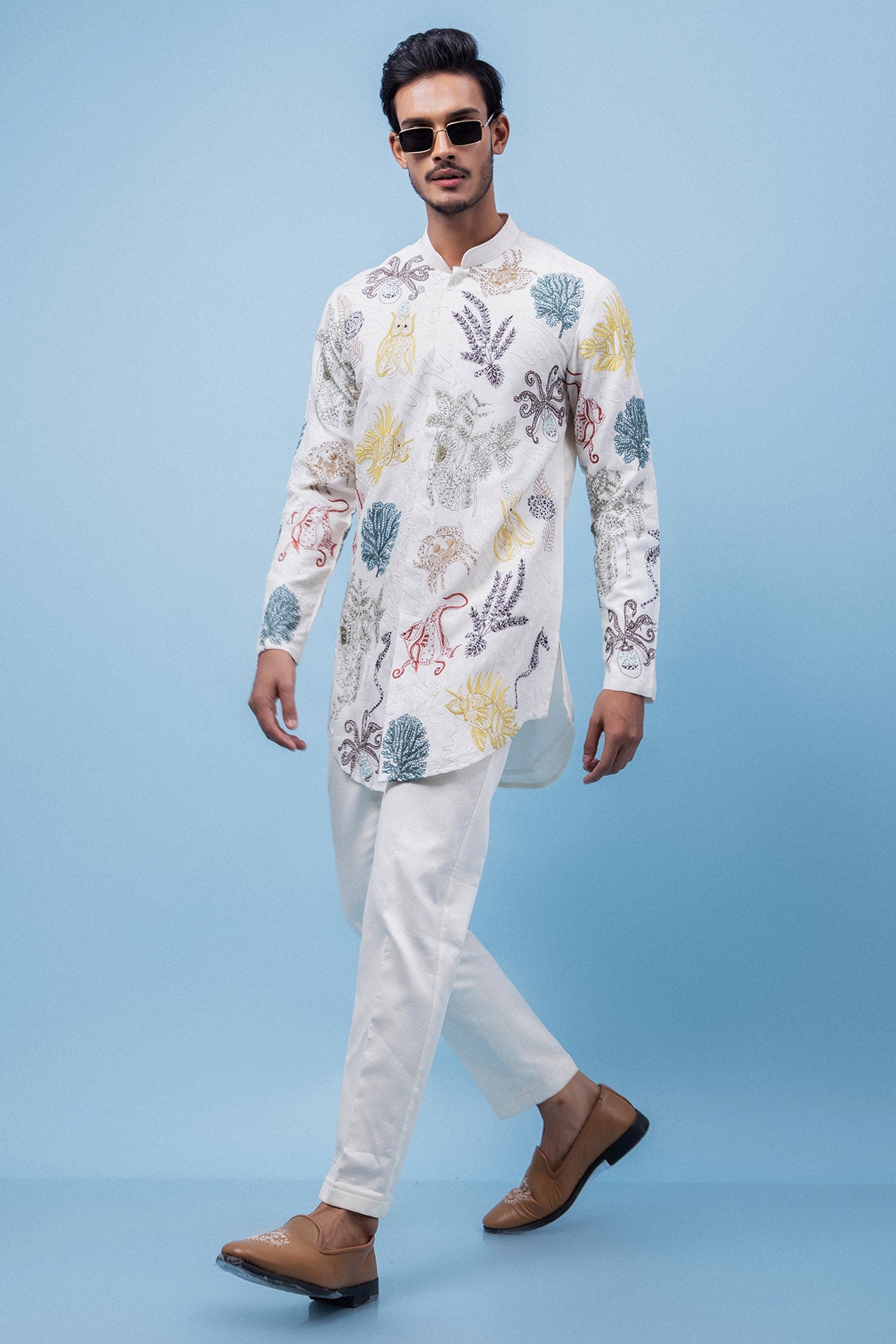 Cream Coral & Fish Motif Kurta