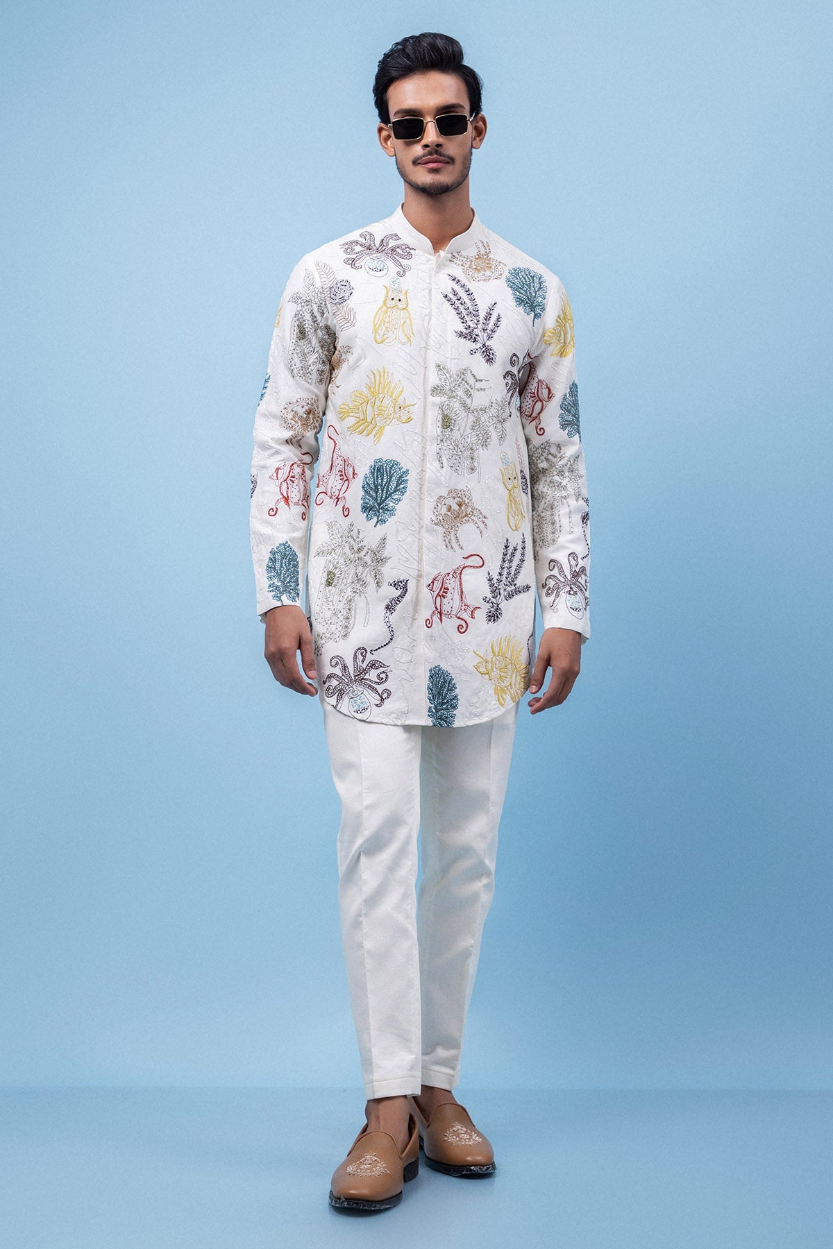 Buy Cream Coral & Fish Motif Kurta for men by Paarsh Atelier online available at scrollnshops