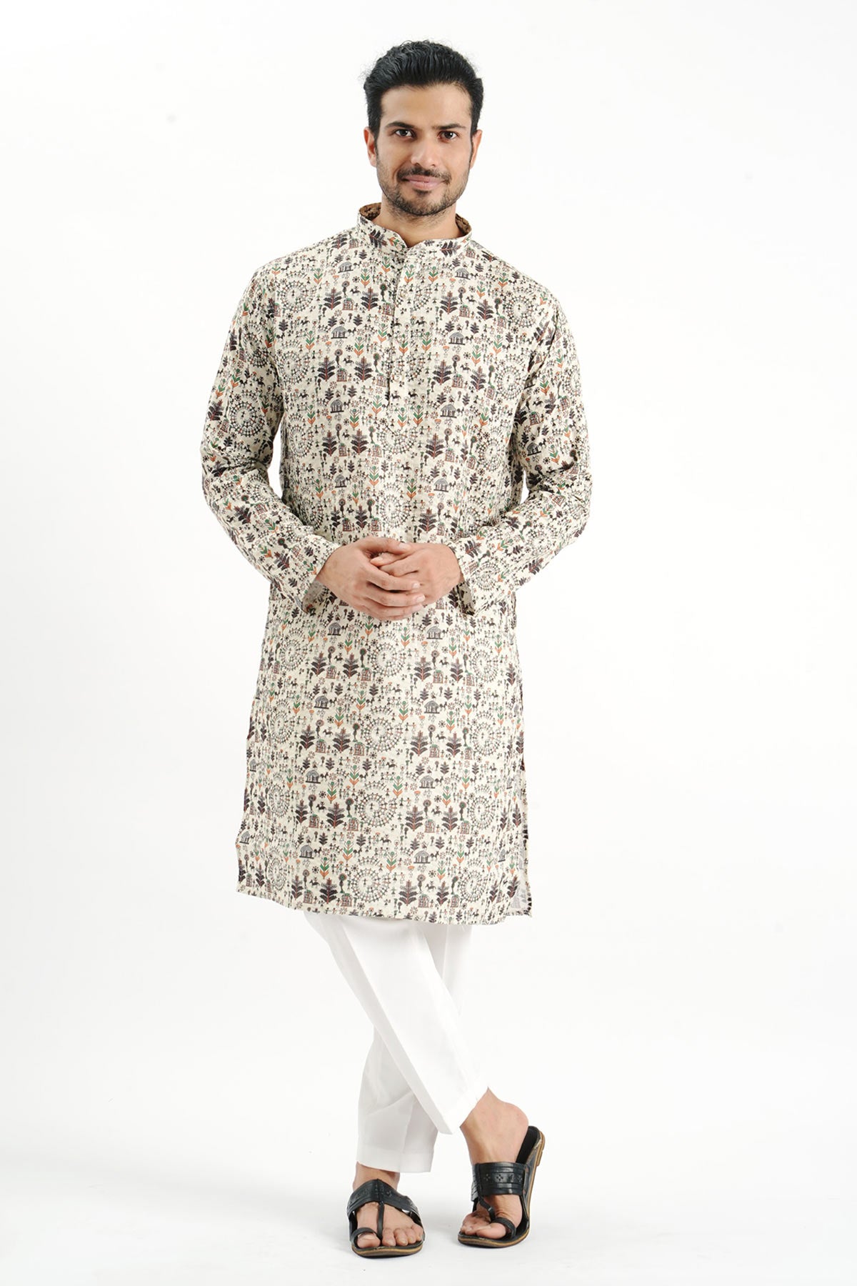 Cream Cotton Collar Print Kurta