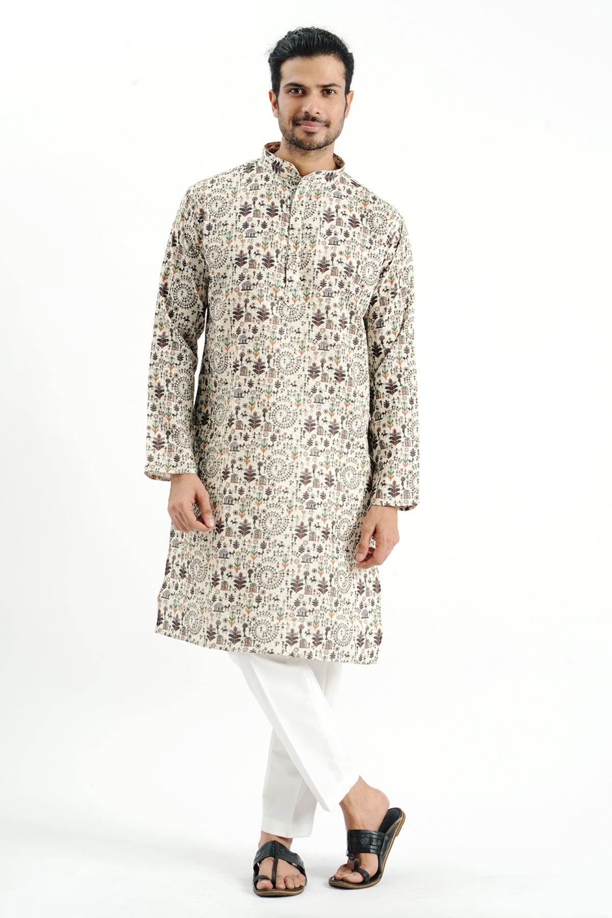 Cream Cotton Collar Print Kurta