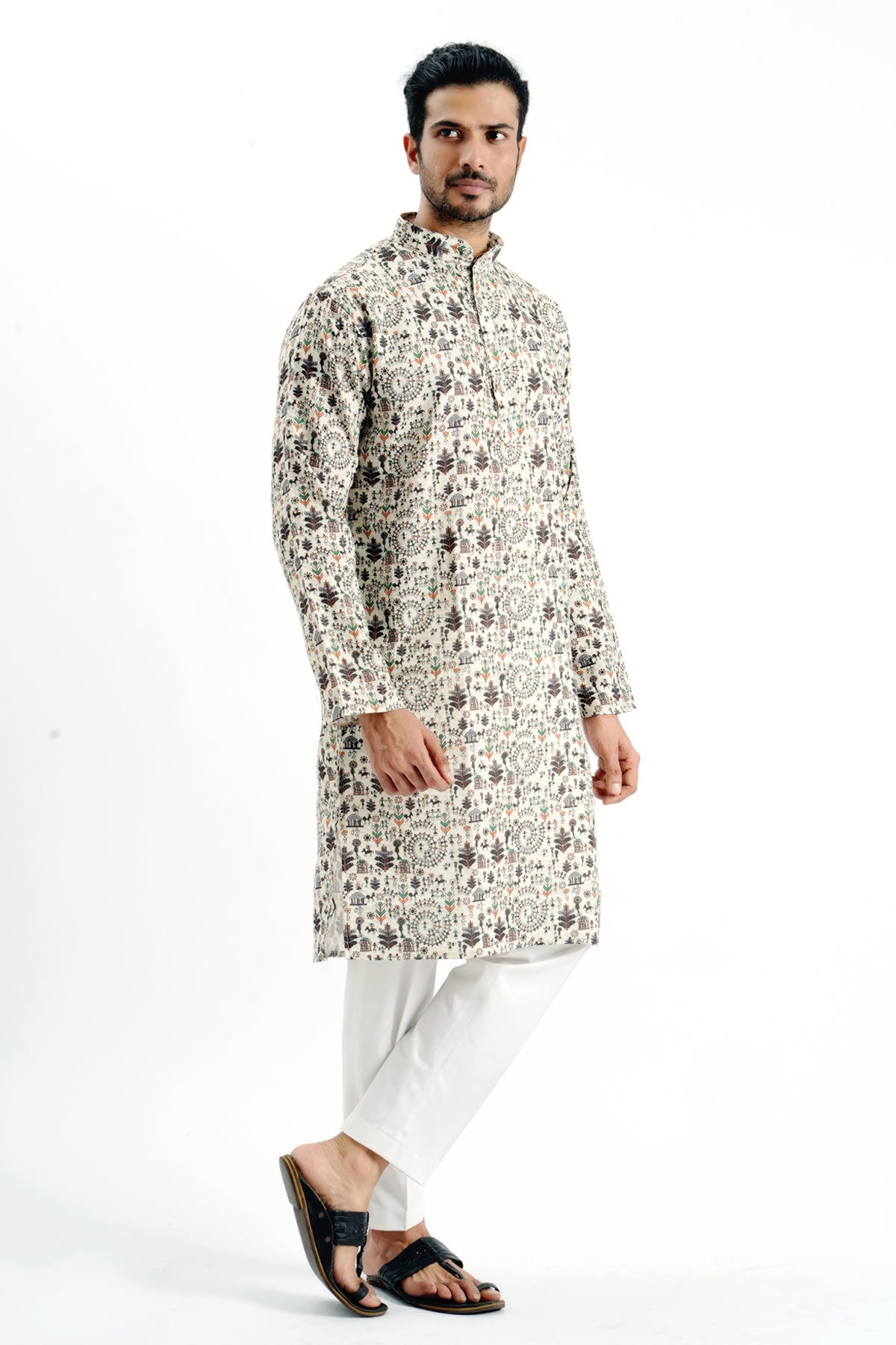 Cream Cotton Collar Print Kurta