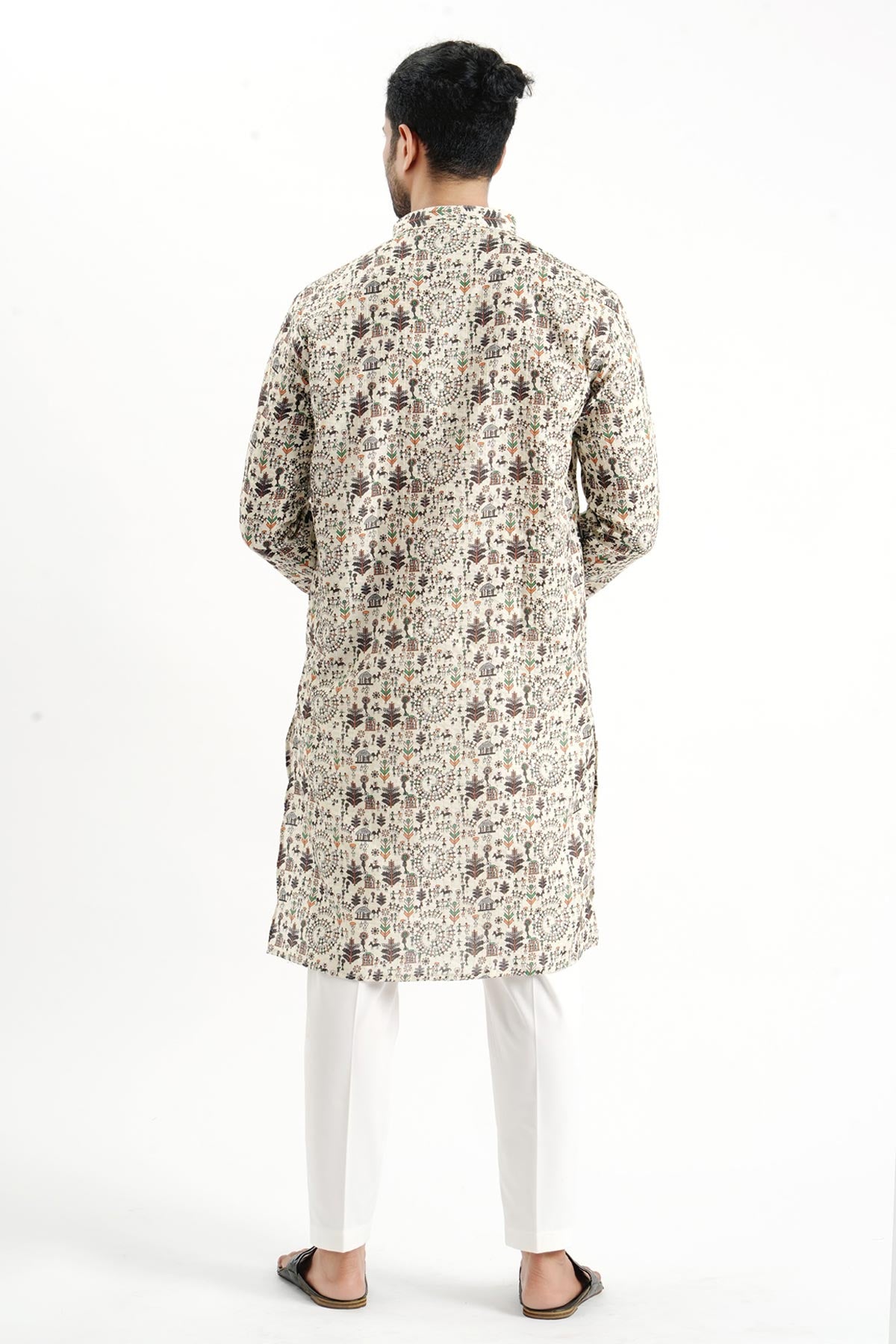 Cream Cotton Collar Print Kurta