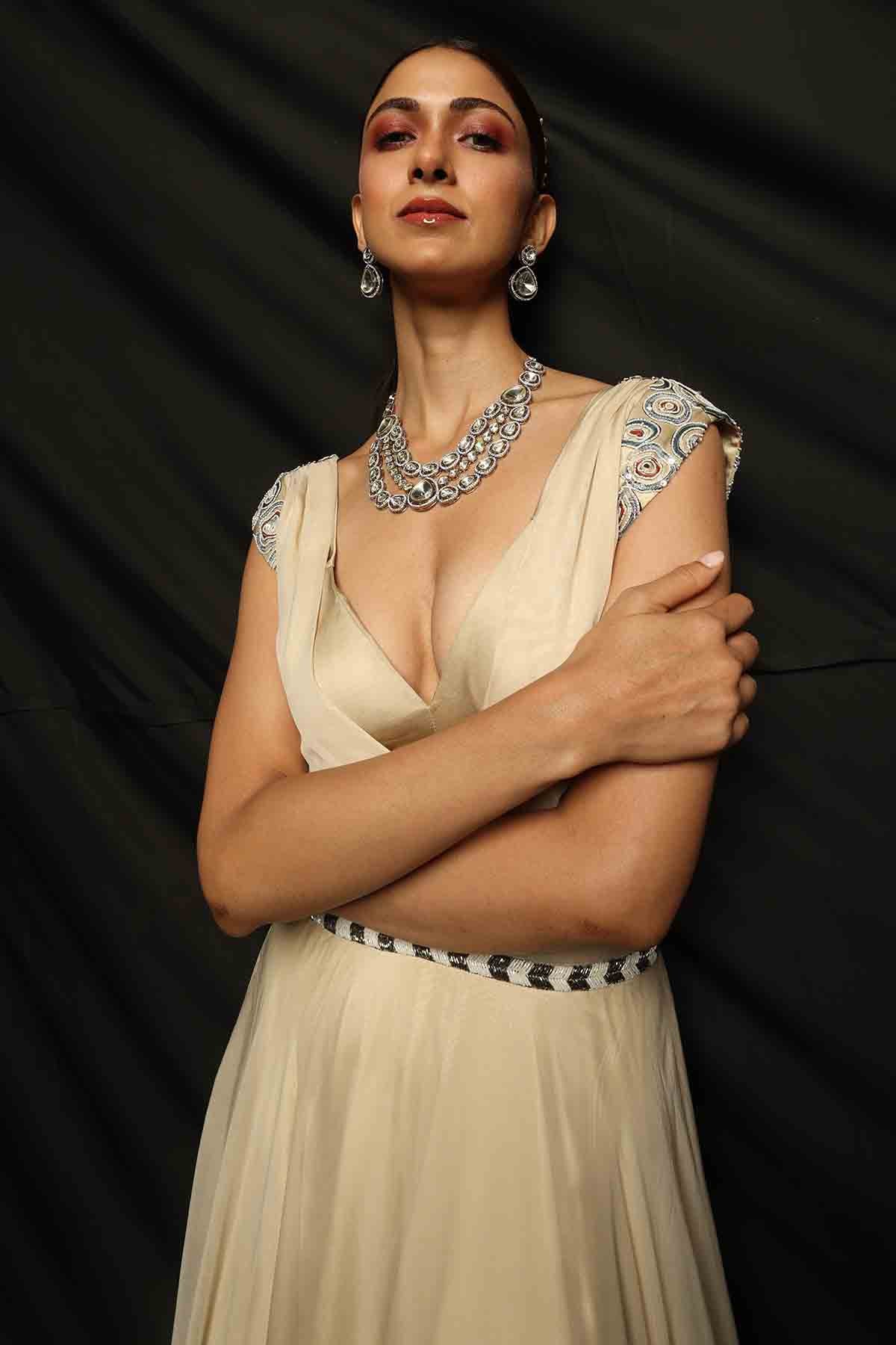 Cream Cowl Neck Layered Gown