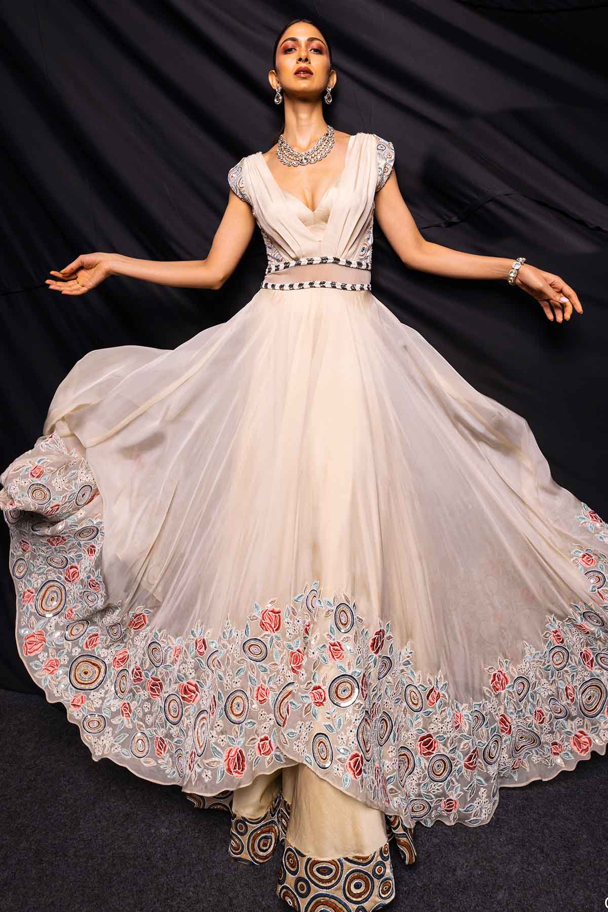 Cream Cowl Neck Layered Gown