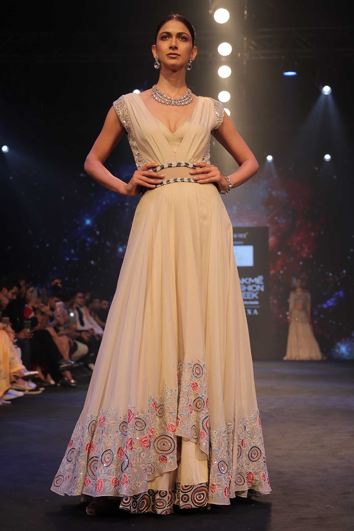 Buy Cream Cowl Neck Layered Gown by Sejal Kamdar at ScrollnShops