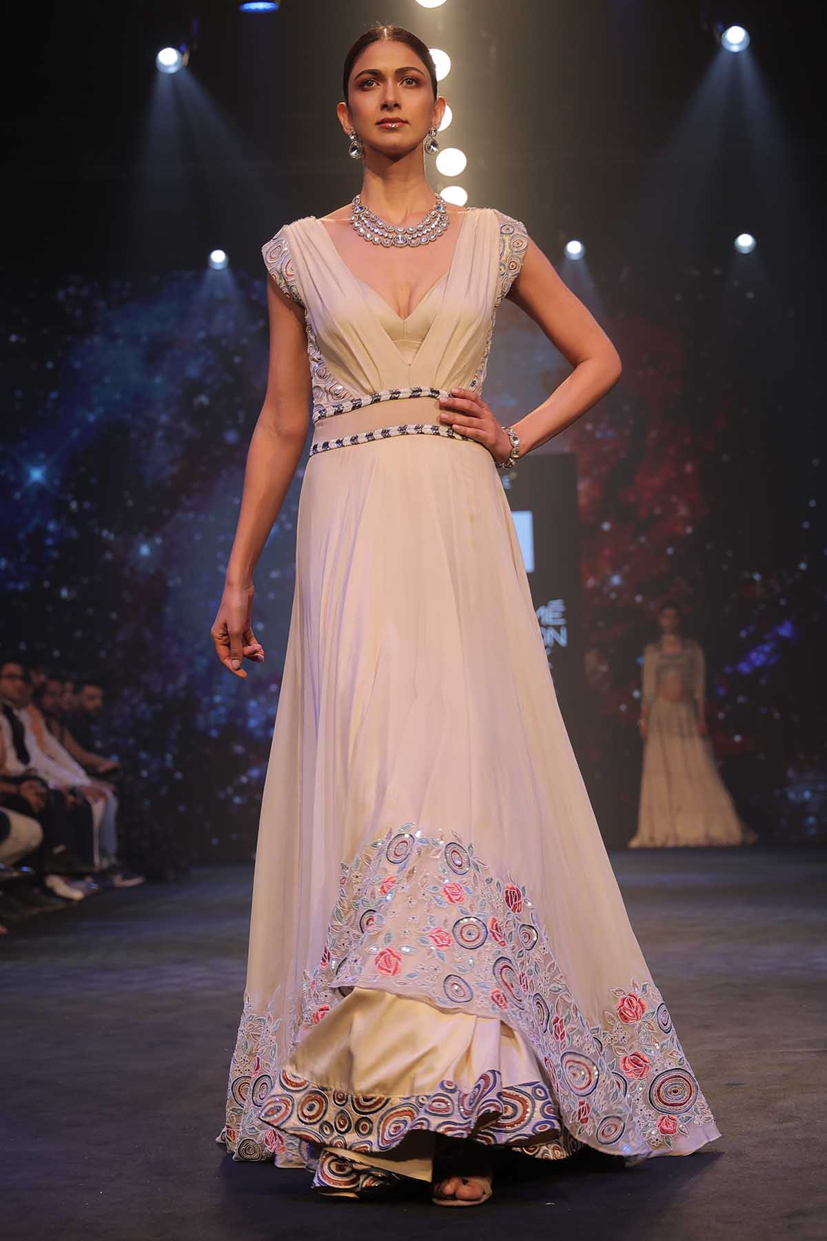 Cream Cowl Neck Layered Gown