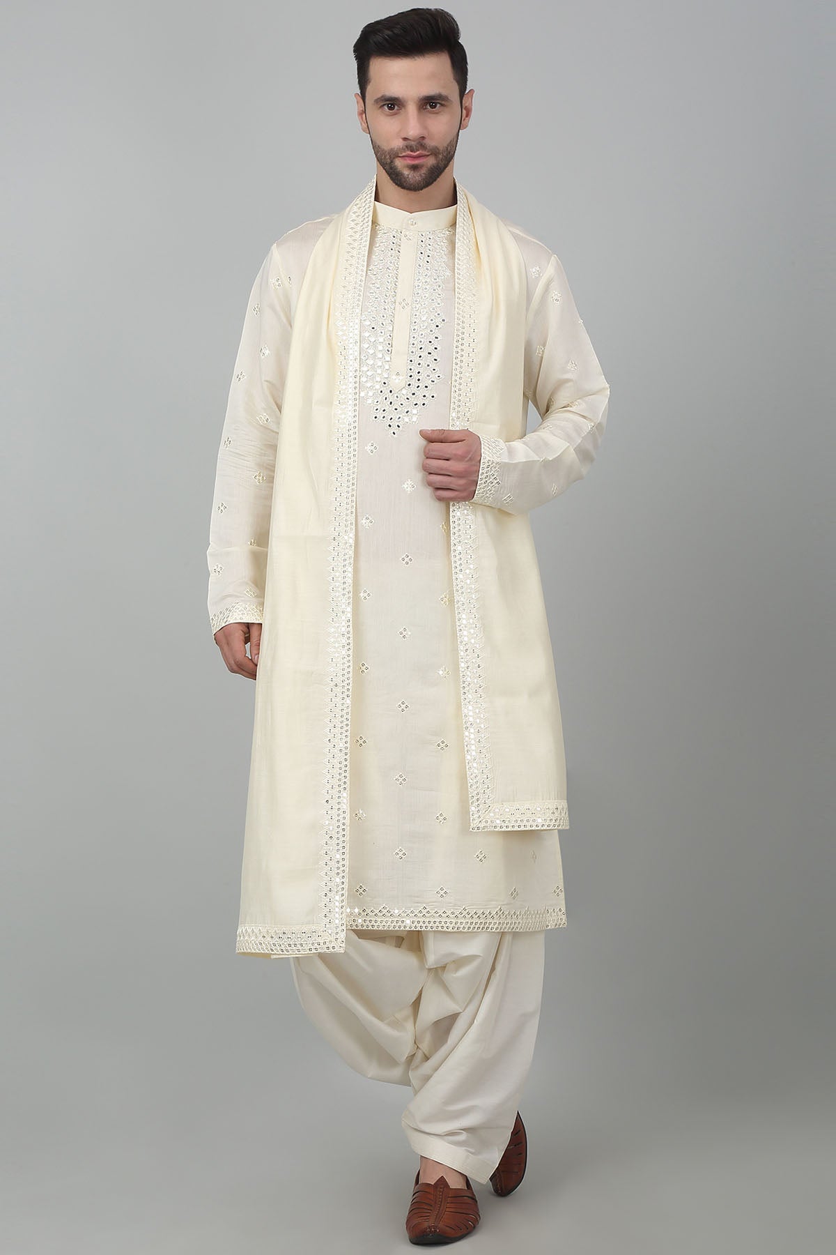 Aham Vayam Cream Embroidered Kurta Set for men online at ScrollnShops