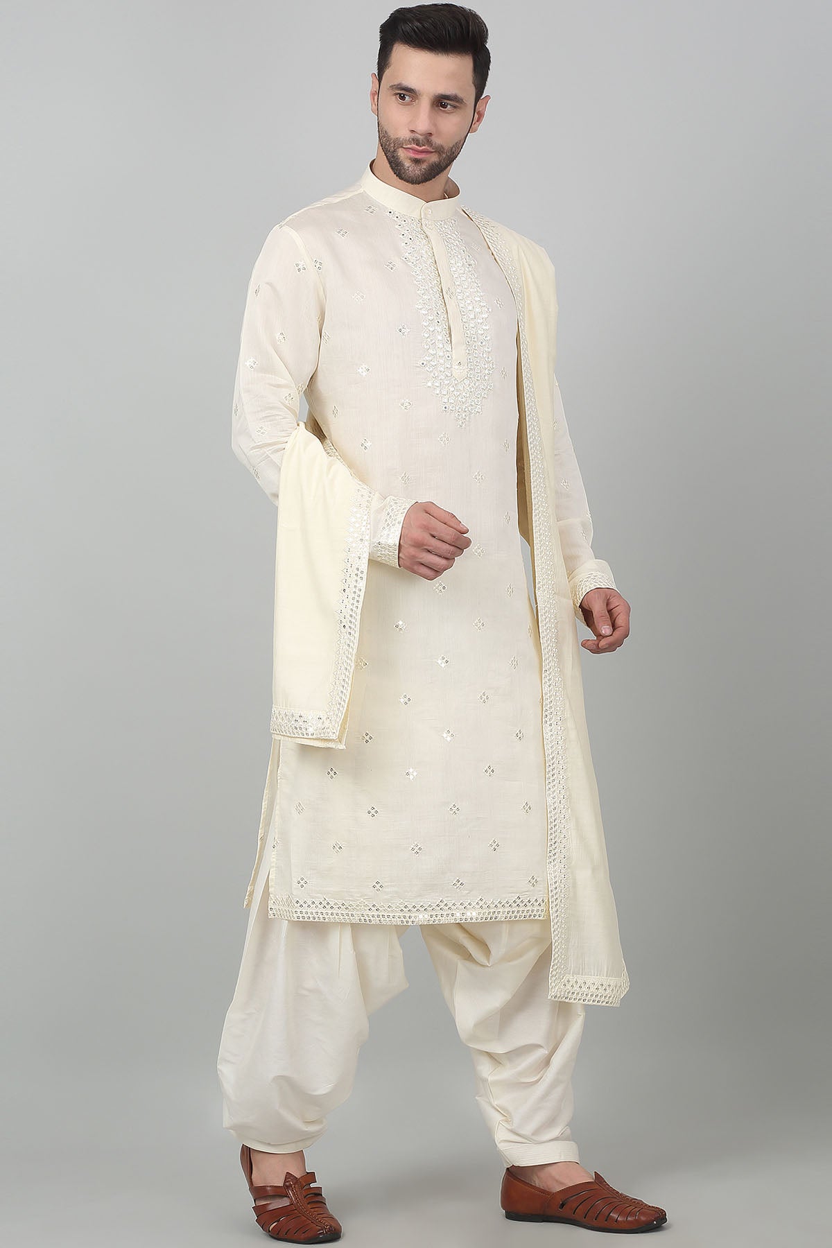 Cream Embroidered Kurta Set