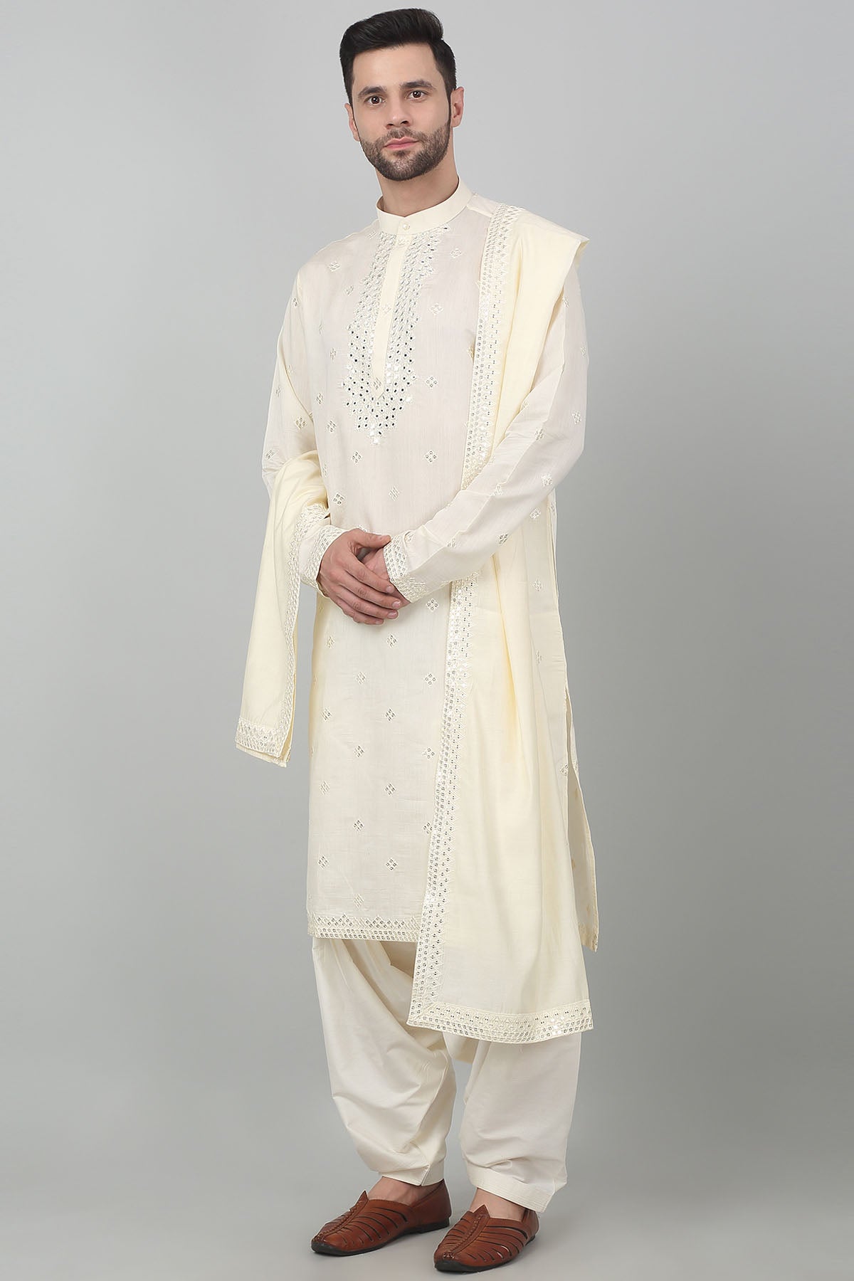 Cream Embroidered Kurta Set