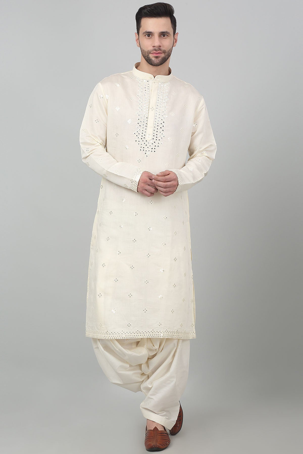 Cream Embroidered Kurta Set