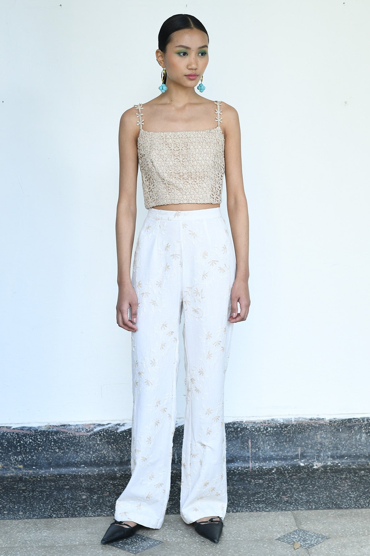 Cream Embroidered Shrug Set