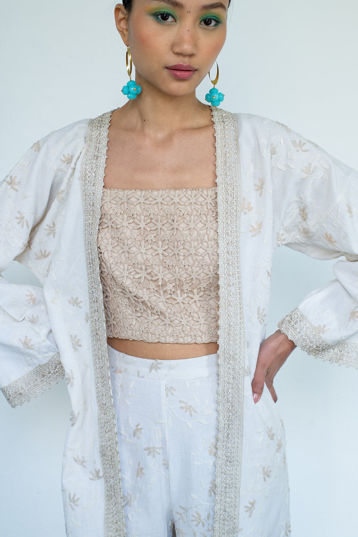 Cream Embroidered Shrug Set