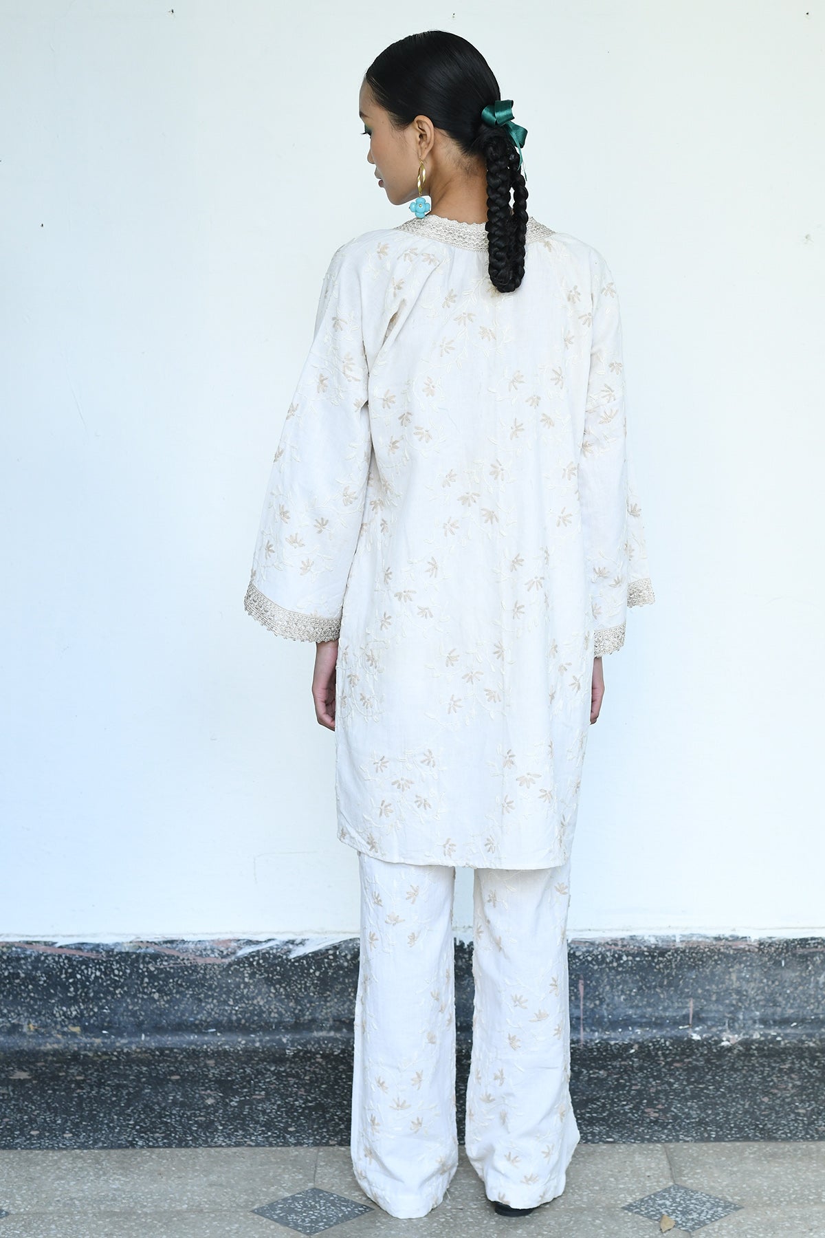 Cream Embroidered Shrug Set