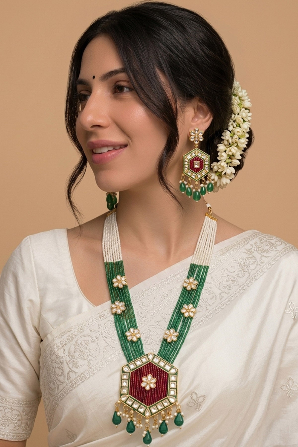 Buy Cream & Emerald Jewellery Set for women by Inko & Co online available at scrollnshops
