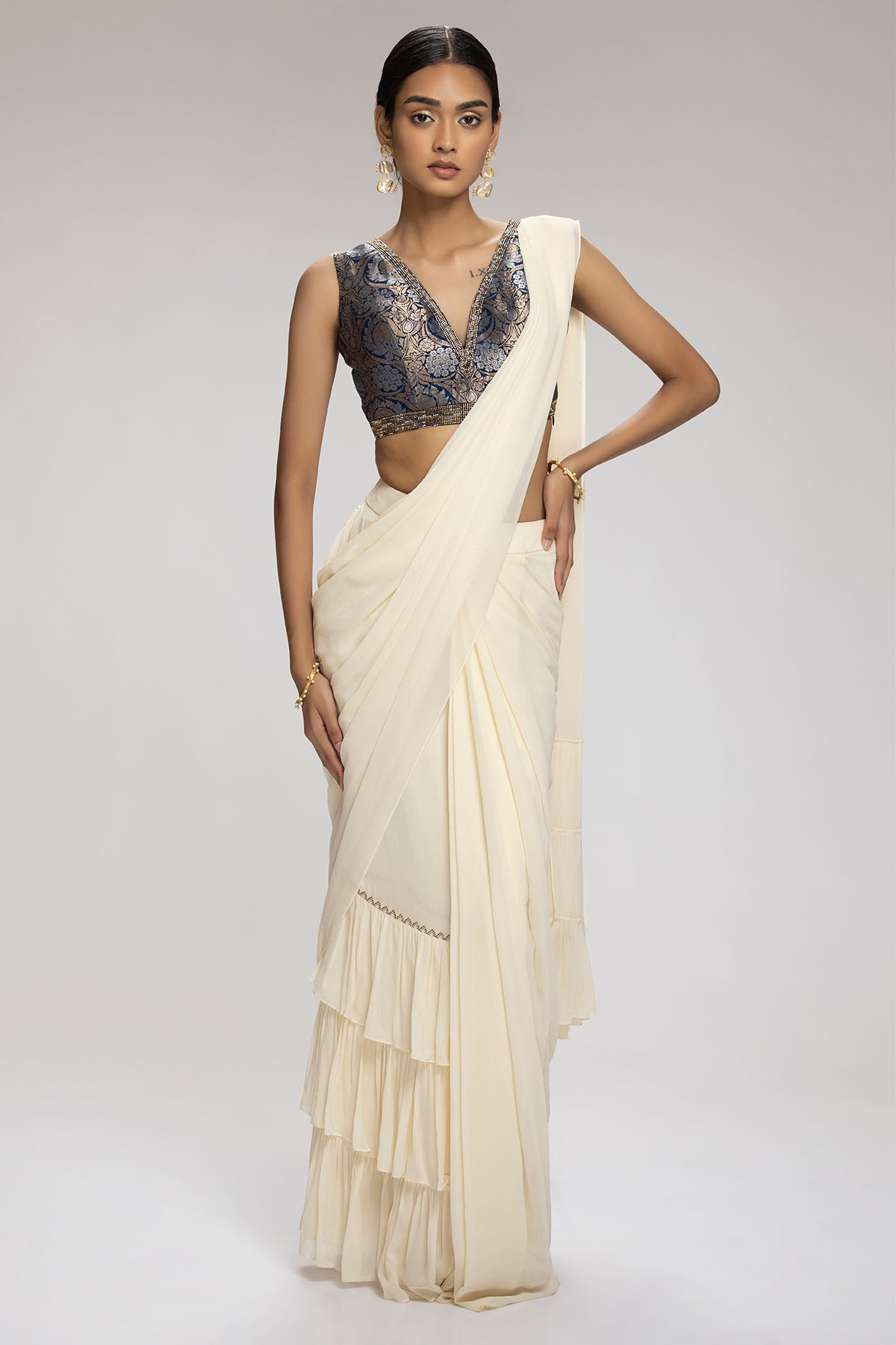 Chhaya Mehrotra Cream Georgette Pre-Draped Saree for women online at ScrollnShops