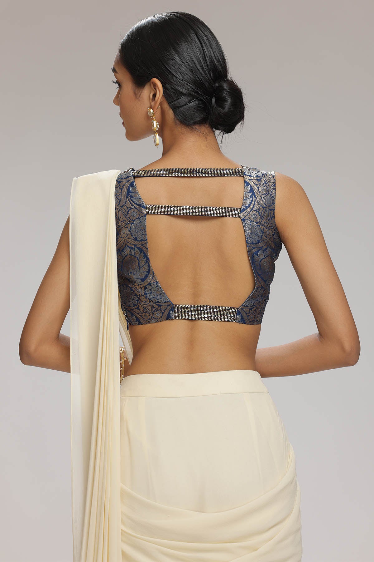 Cream Georgette Pre-Draped Saree