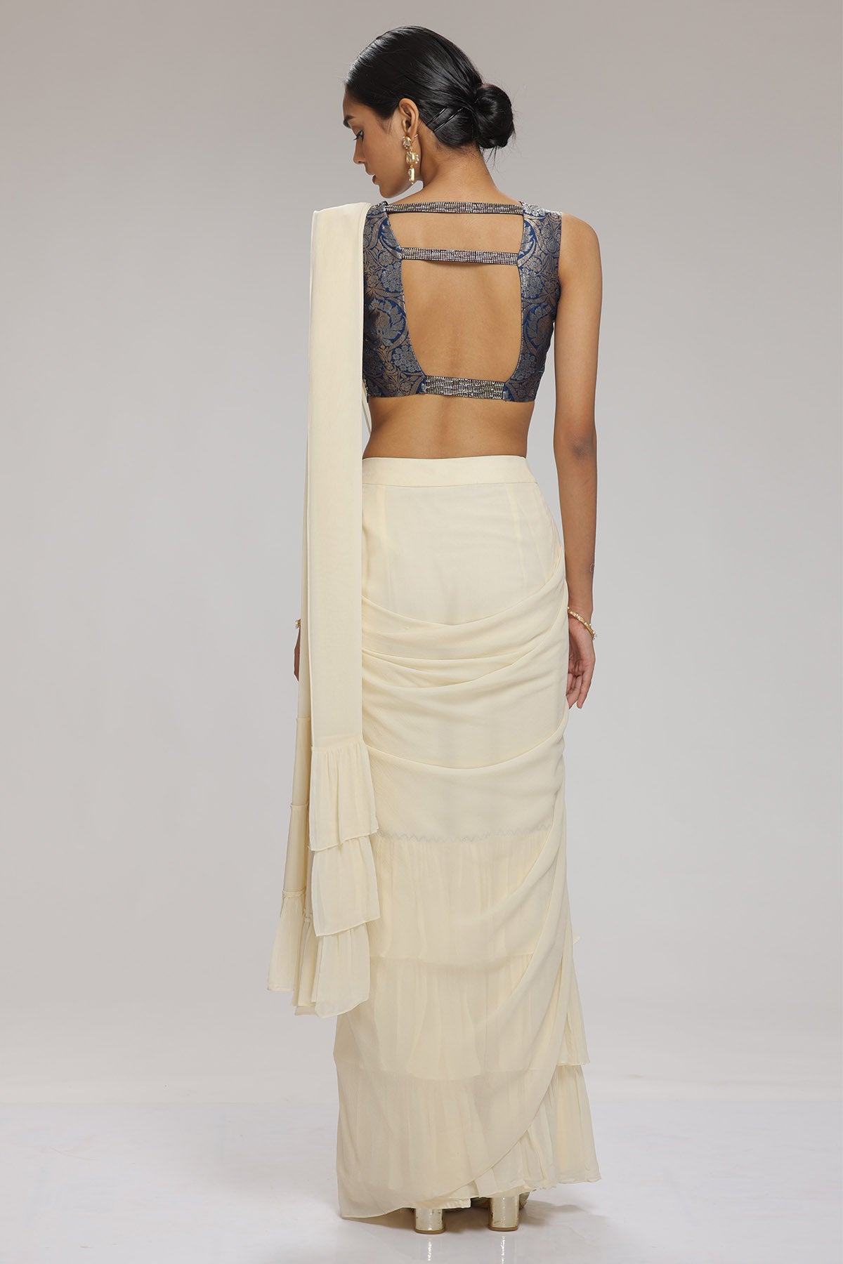 Cream Georgette Pre-Draped Saree