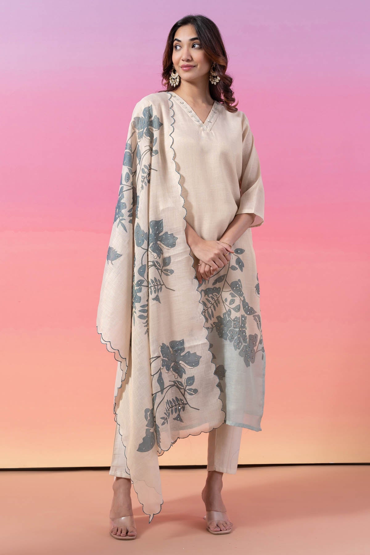 Buy Cream & Grey Floral Kurta Set Online