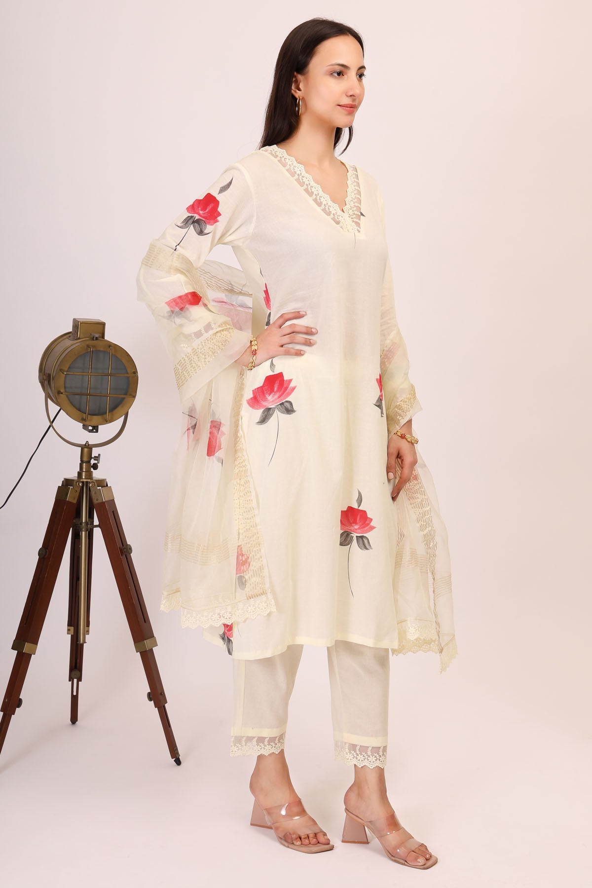 Cream Hand Painted Kurta Set