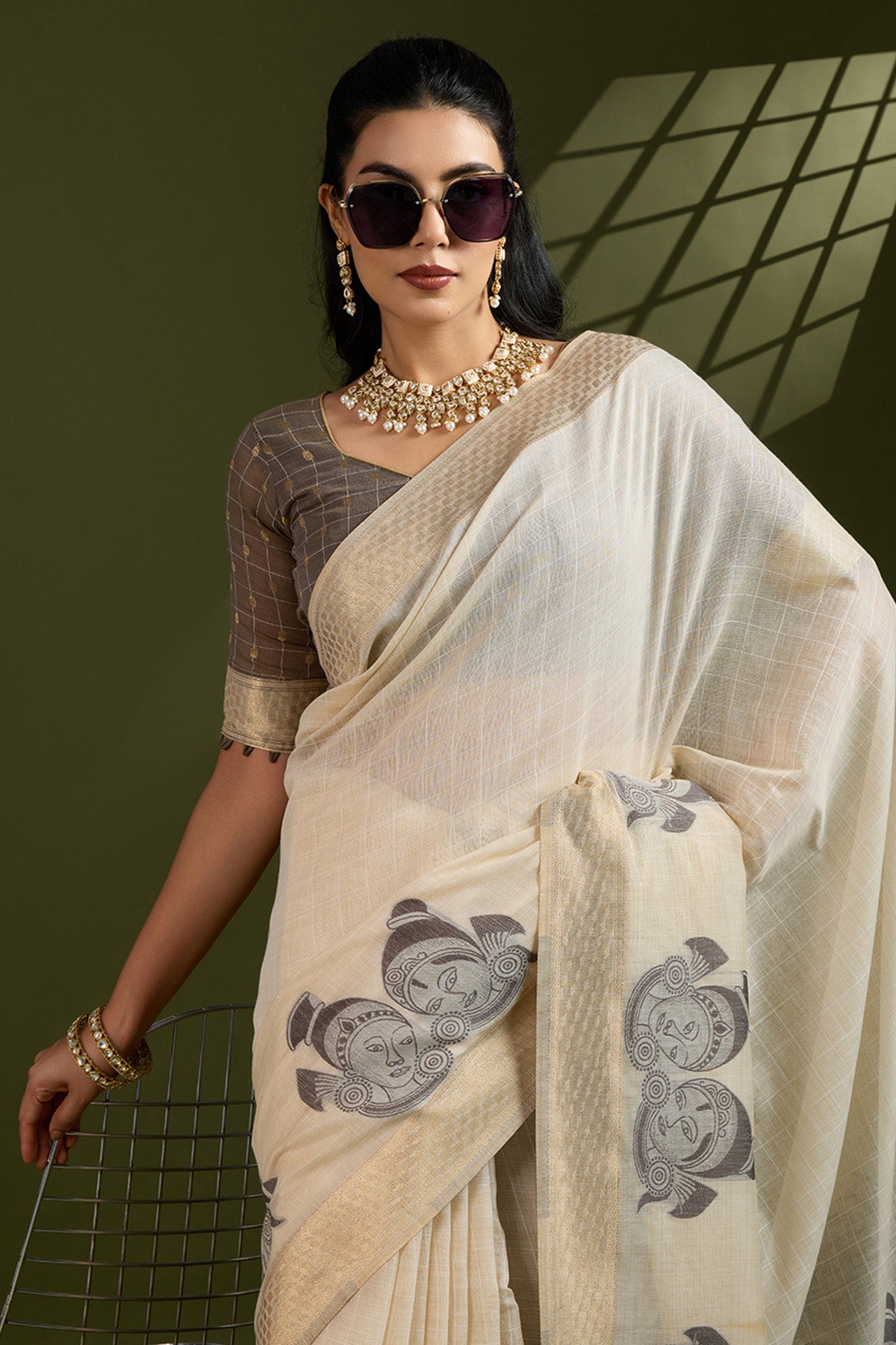 Cream Kalamkari Saree & Blouse