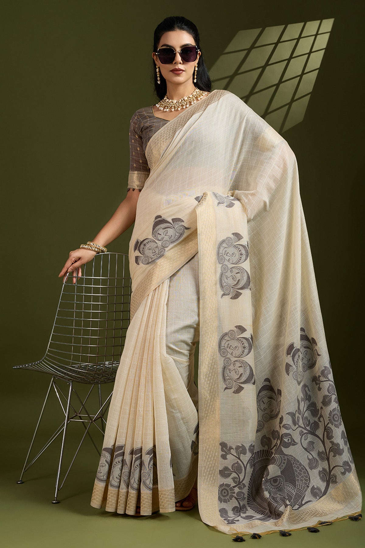 Buy Cream Kalamkari Saree & Blouse for Women Online available at ScrollnShops