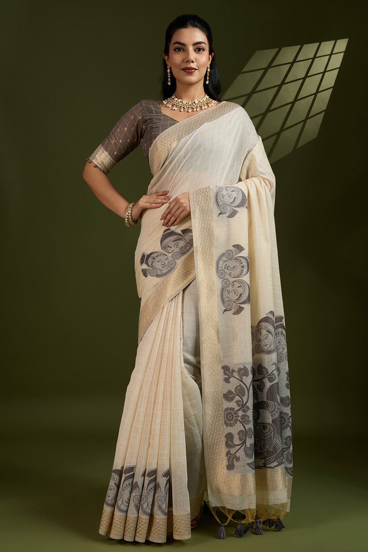 Cream Kalamkari Saree & Blouse