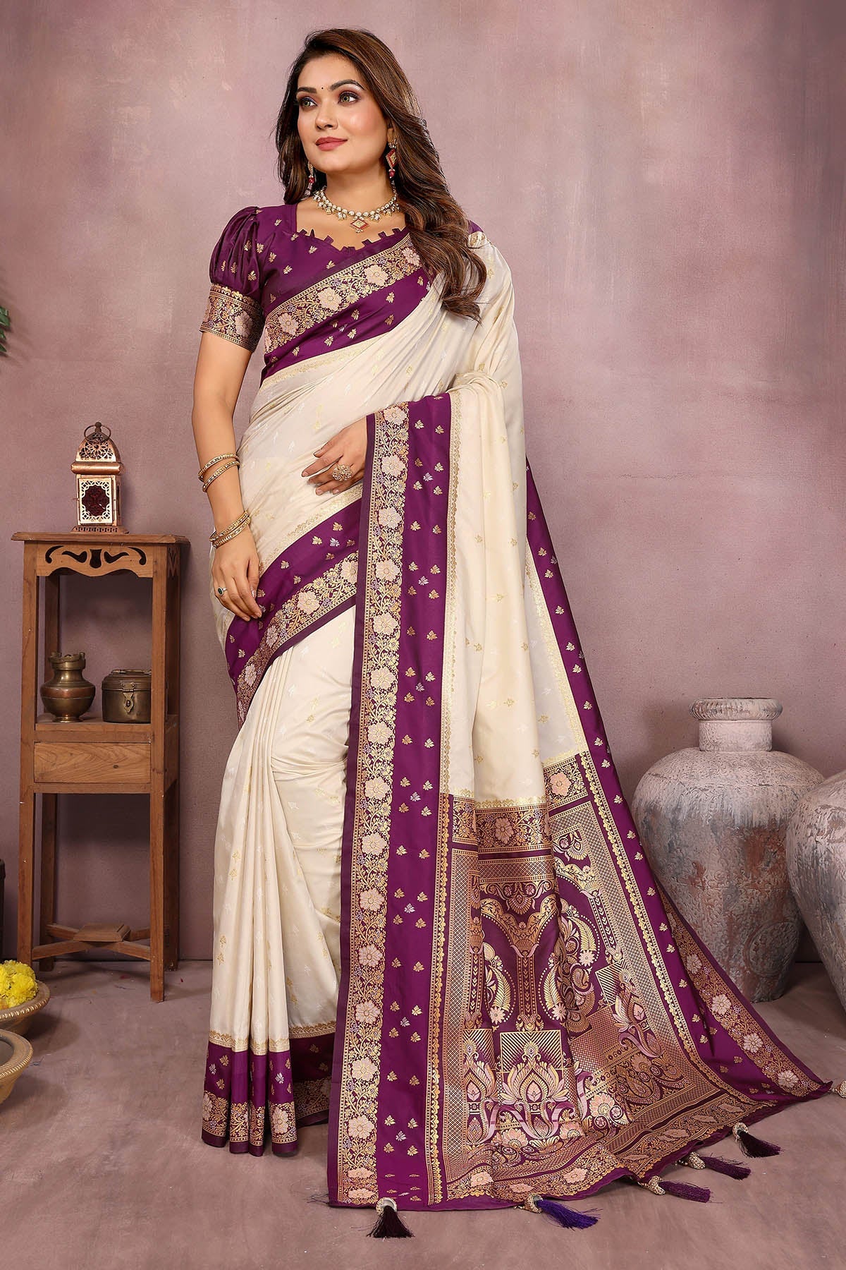 Buy Cream Kalamkari Silk Zari Saree for women by Aastha Fashion online available at scrollnshops
