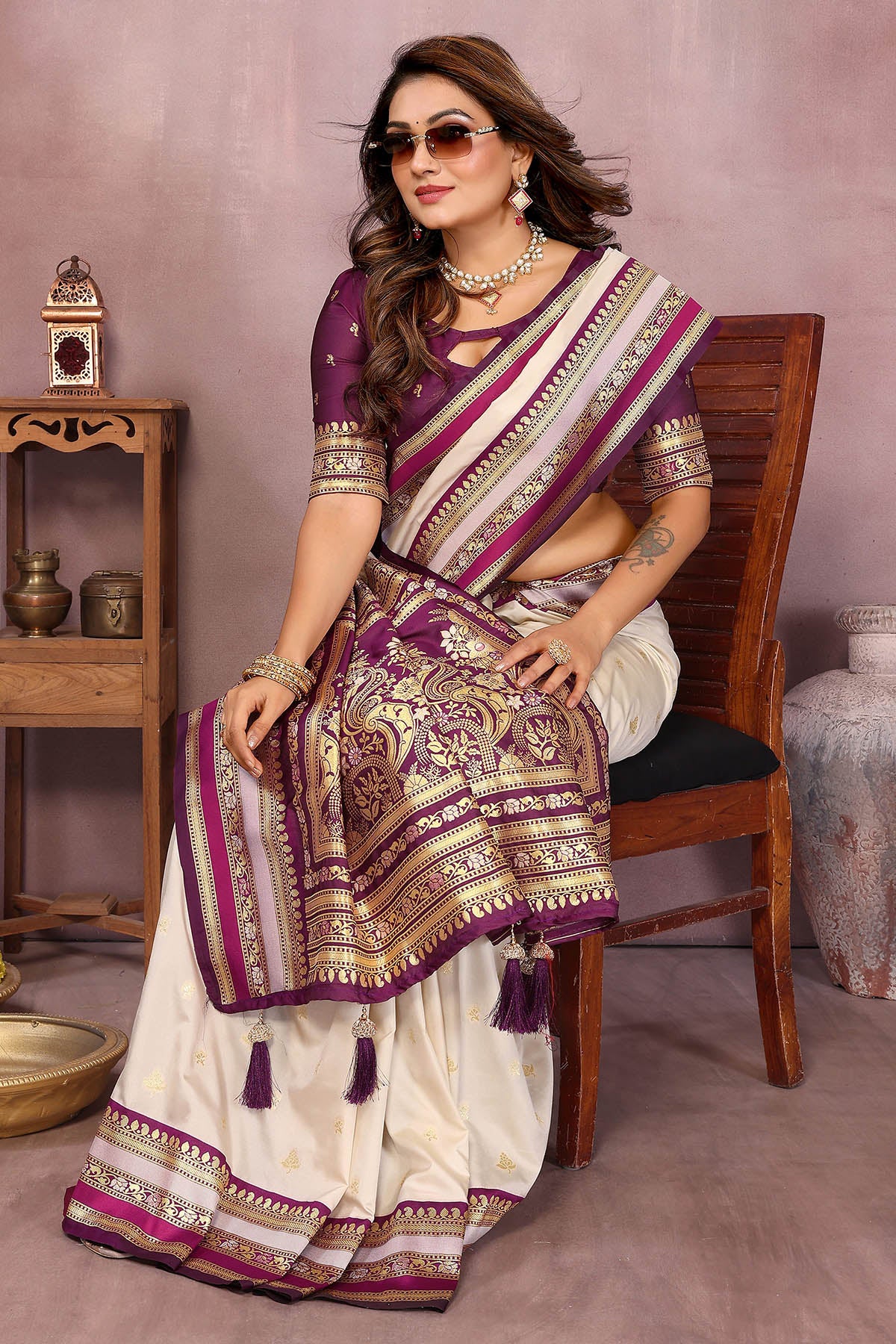 Cream Kalamkari Weaving Saree
