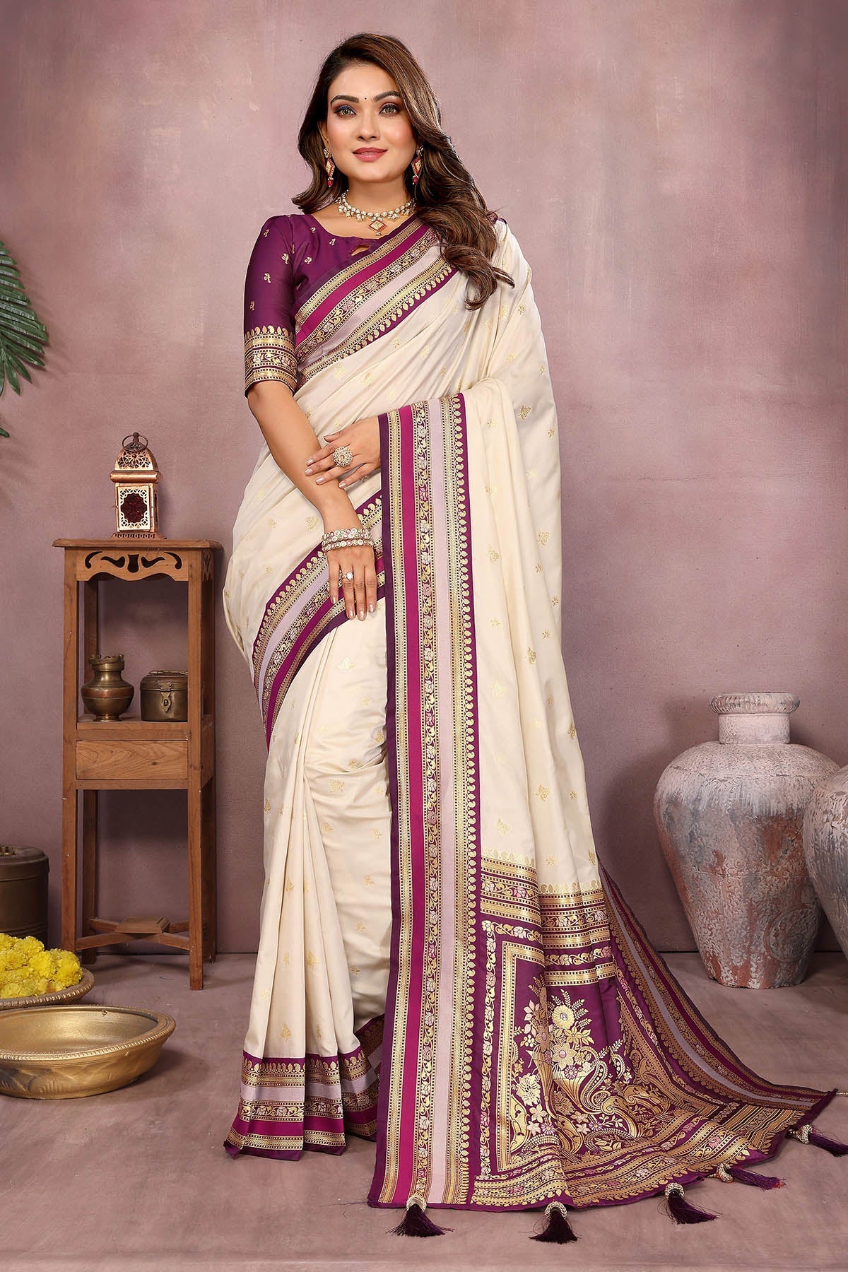 Buy Cream Kalamkari Weaving Saree for women by Aastha Fashion online available at scrollnshops
