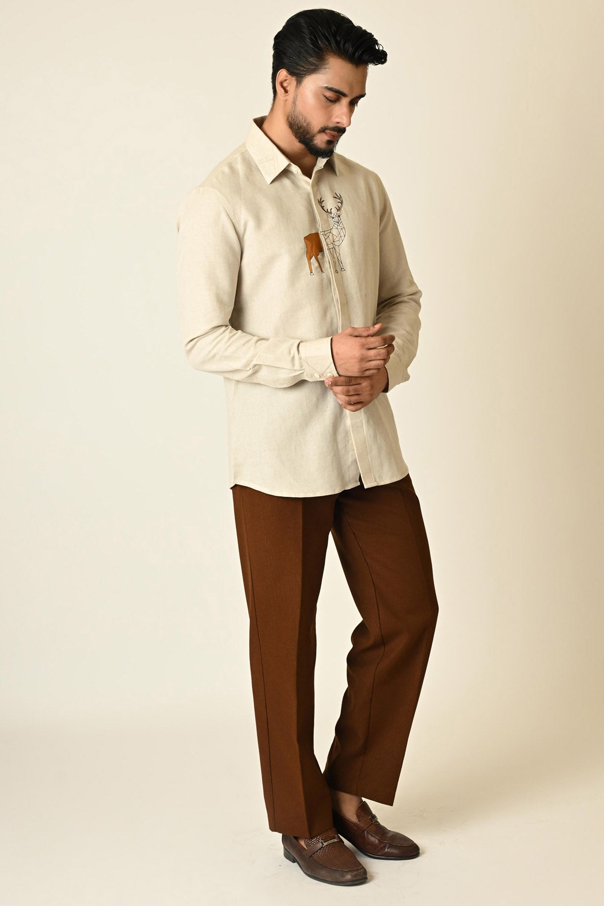 Cream Linen Deer Paneled Shirt