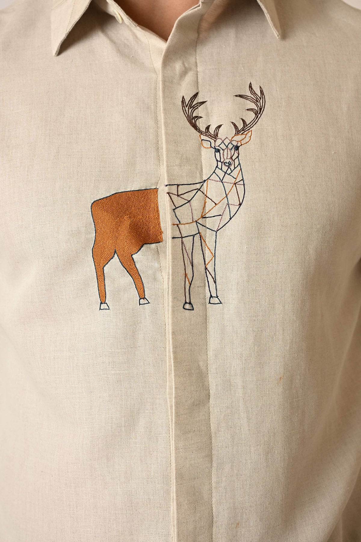 Cream Linen Deer Paneled Shirt