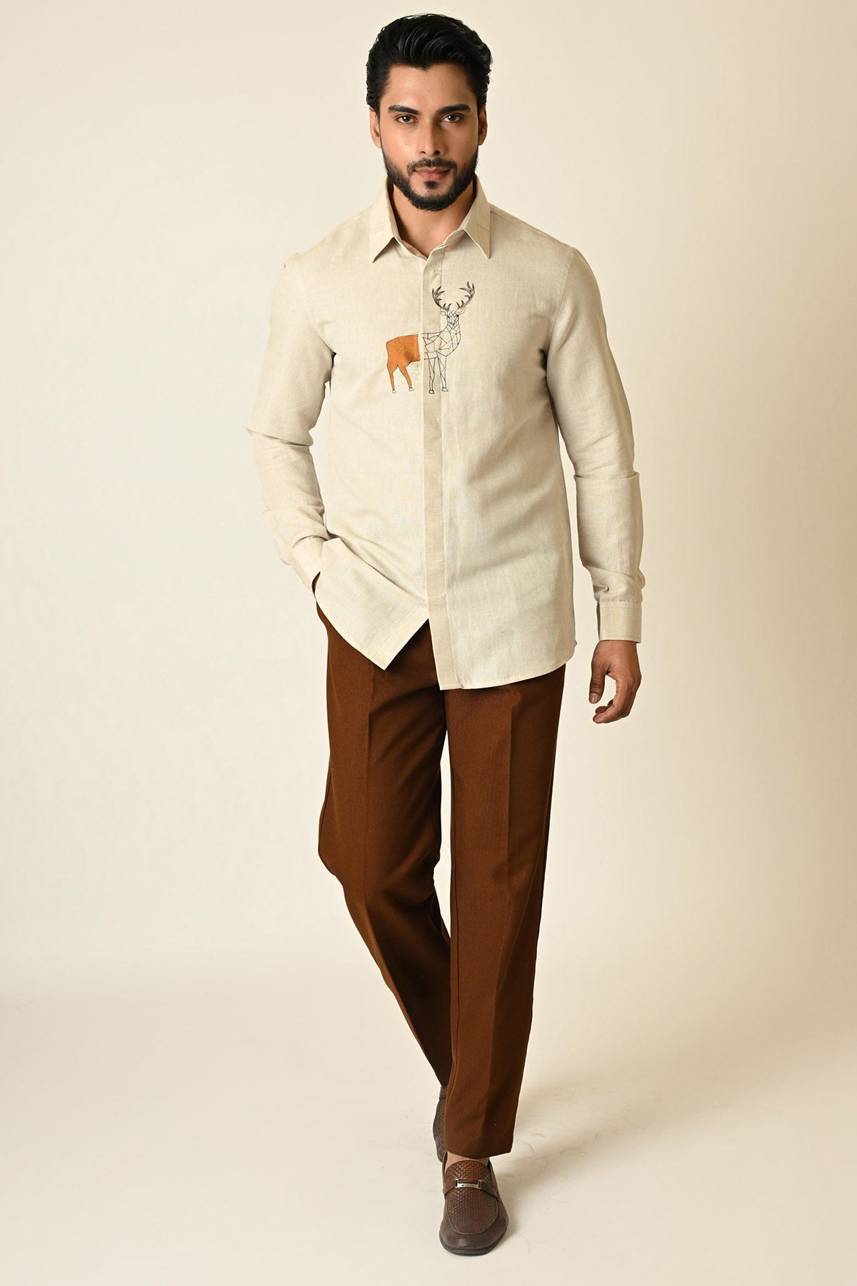 Buy Cream Linen Deer Paneled Shirt for men by Paarsh Atelier online available at scrollnshops