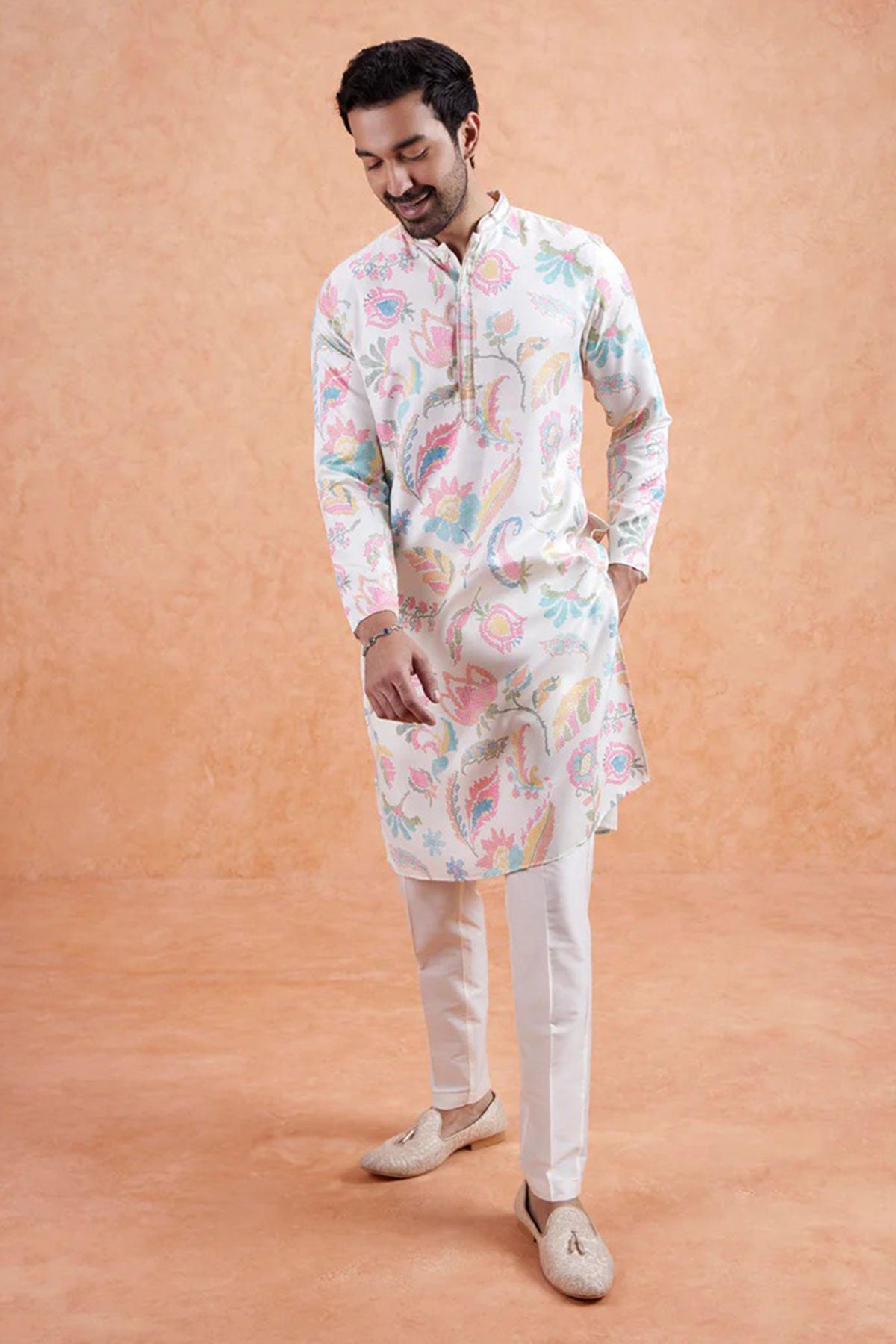 Cream Linen Printed Work Kurta