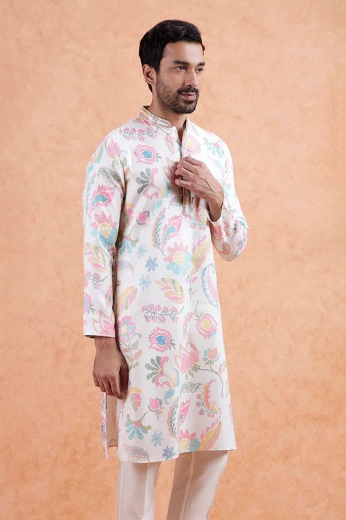 Buy Cream Linen Printed Work Kurta for men by Aastha Fashion online available at scrollnshops
