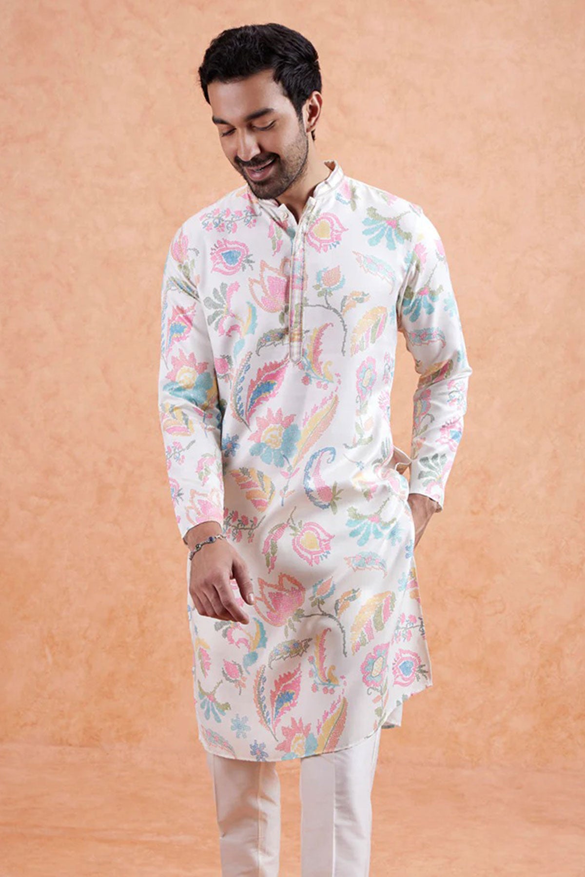 Cream Linen Printed Work Kurta
