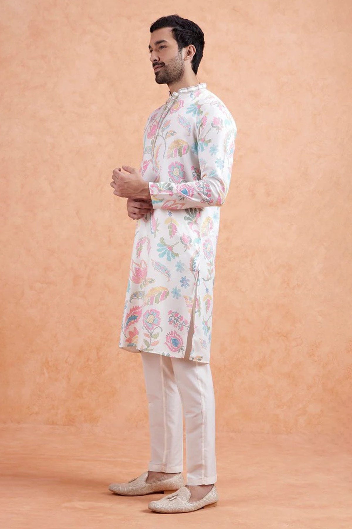 Cream Linen Printed Work Kurta