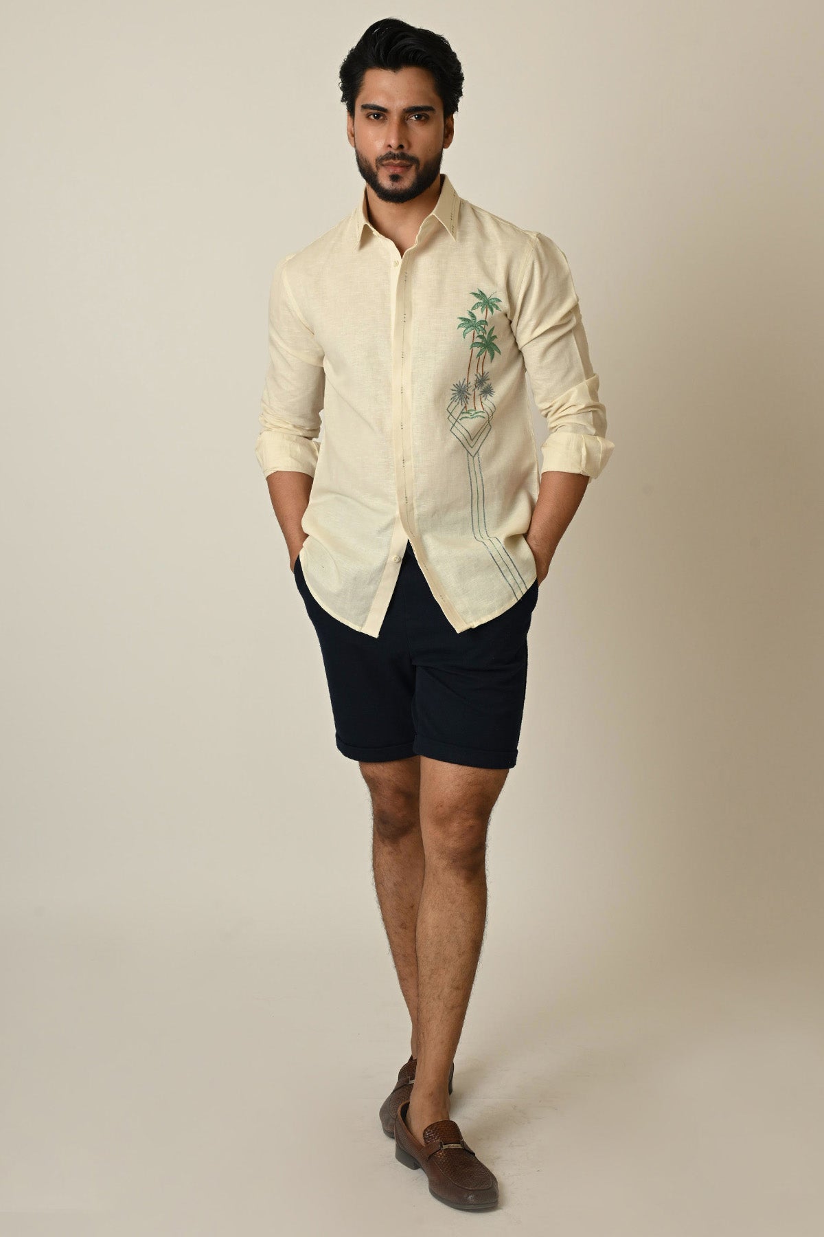 Buy Cream Linen Thread Work Shirt for men by Paarsh Atelier online available at scrollnshops