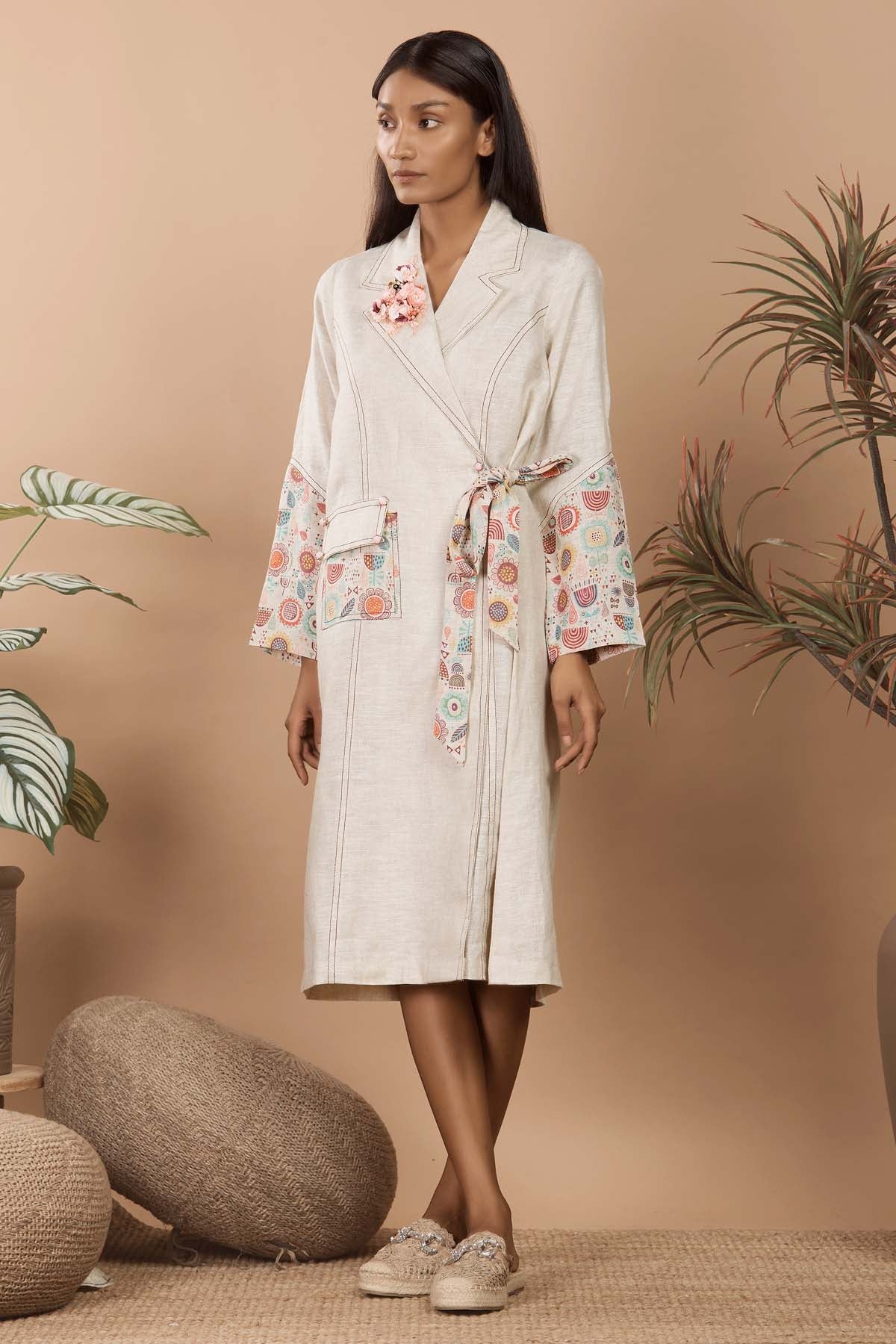 Buy Niyami Cream Linen Trench Coat: Belted & Embellished at scrollnshops