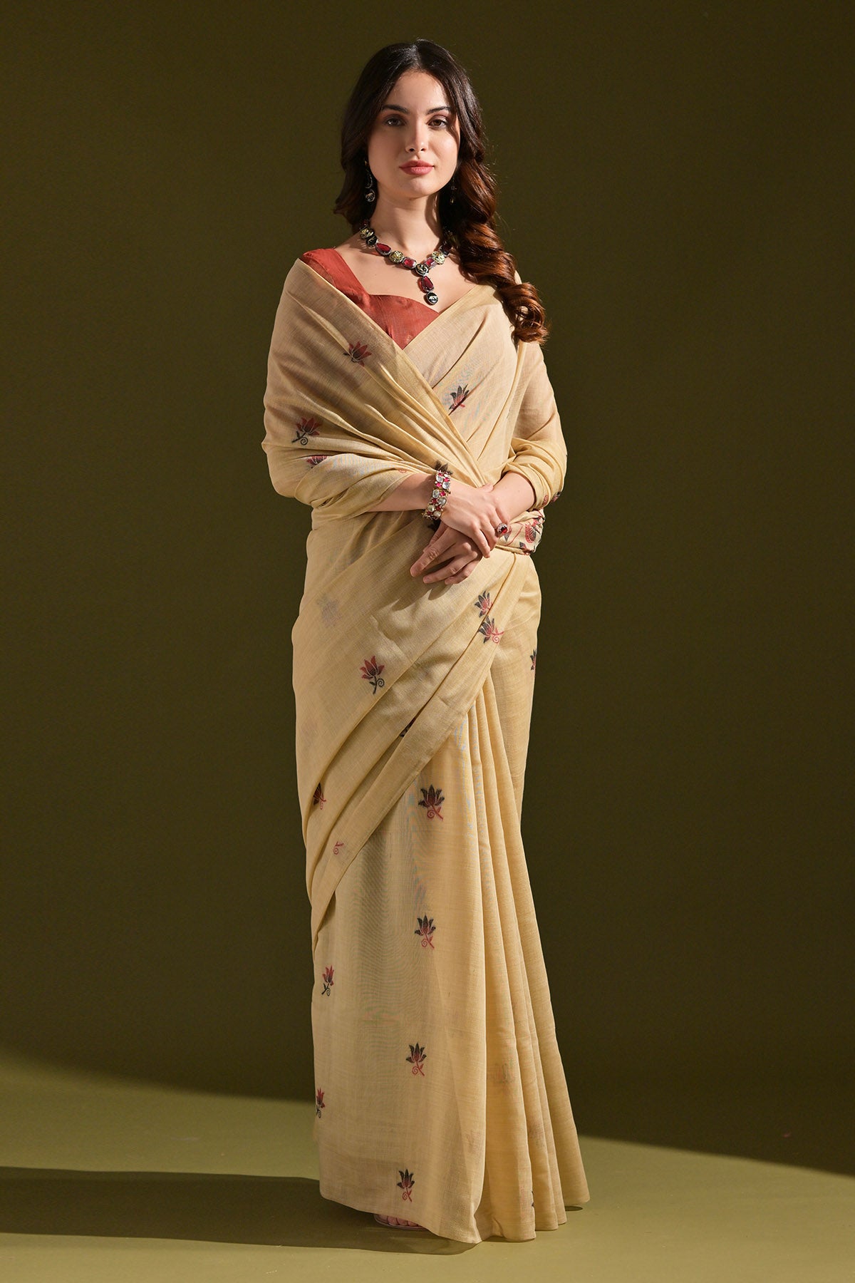 Cream Lotus Thread Work Saree