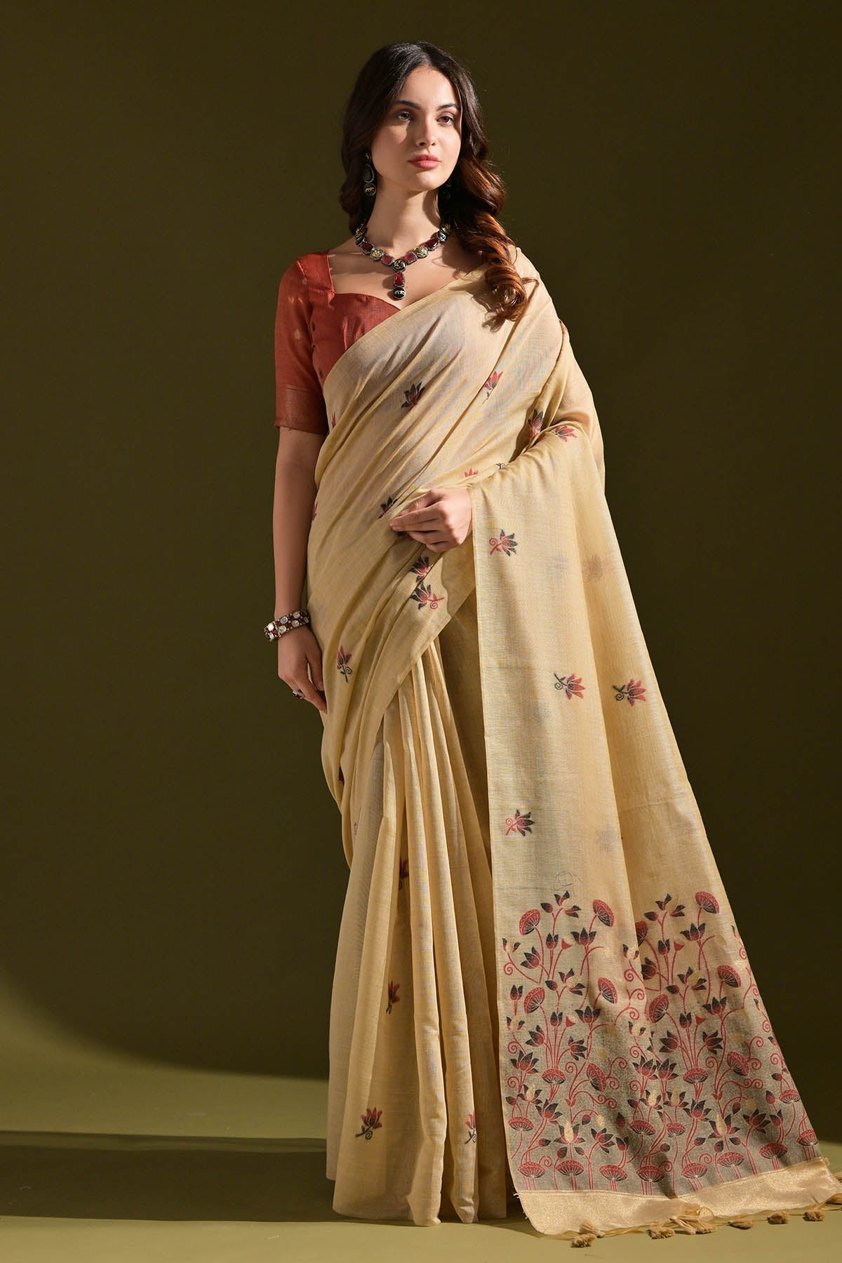 Buy Cream Lotus Thread Work Saree by Lili Lala for women online at ScrollnShops