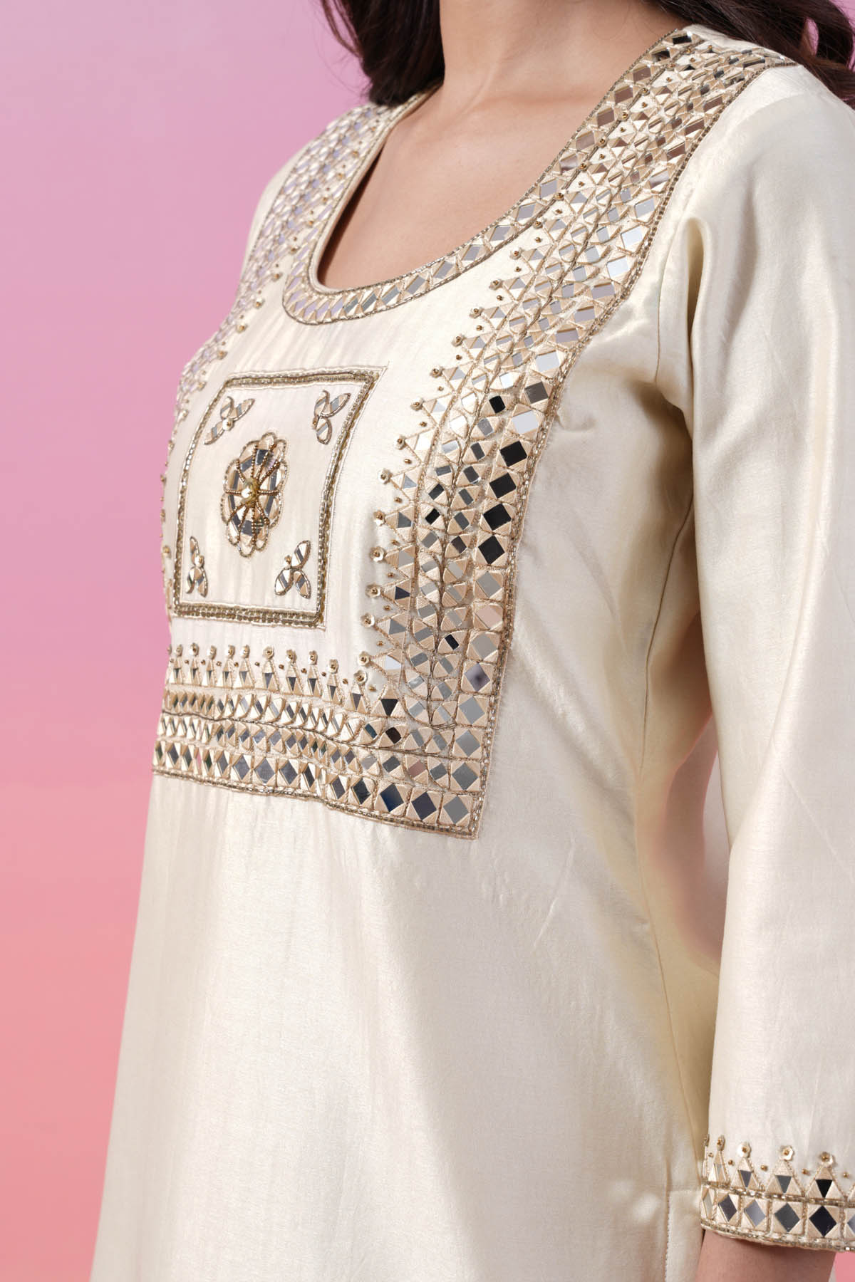 Cream Mirror Kurta Palazzo Set