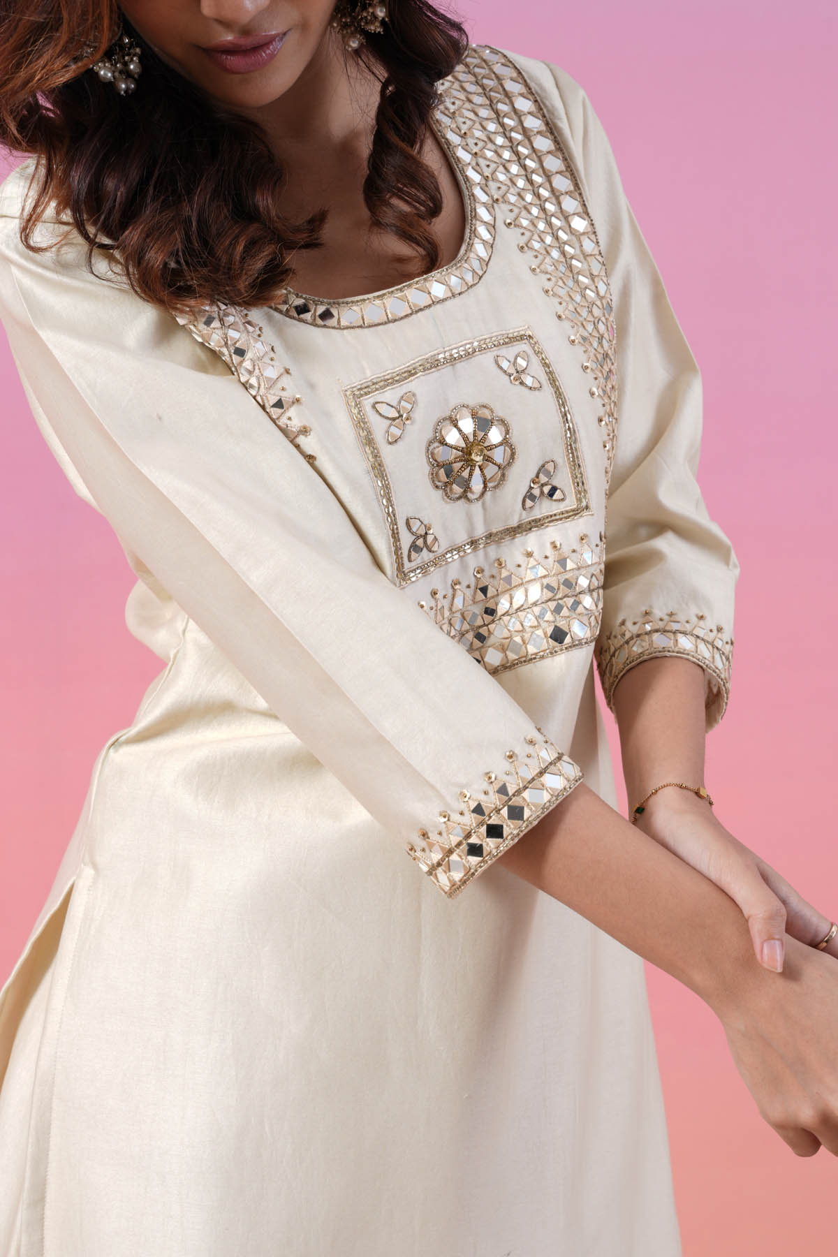 Cream Mirror Kurta Palazzo Set