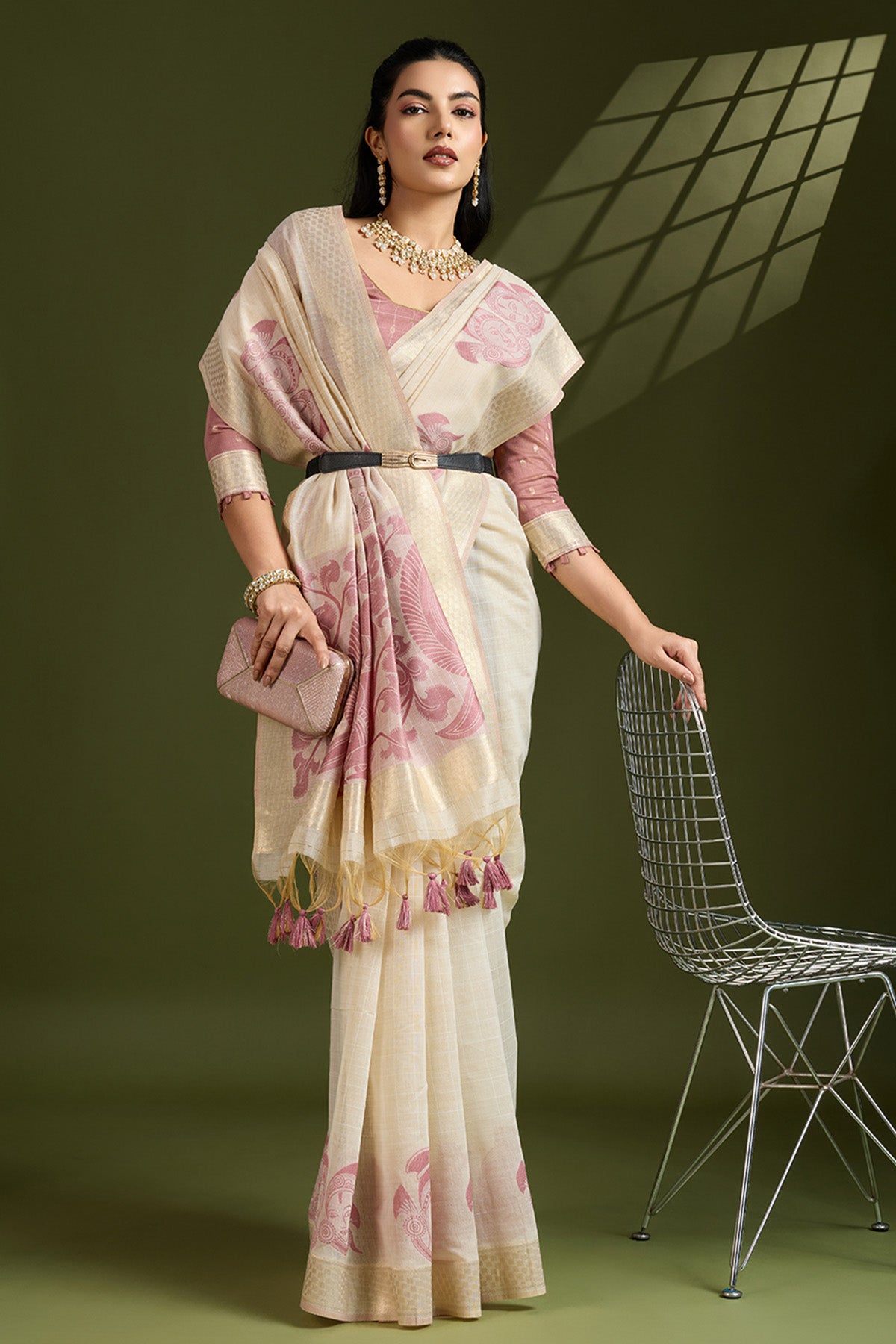 Cream Muga Cotton Checks Saree