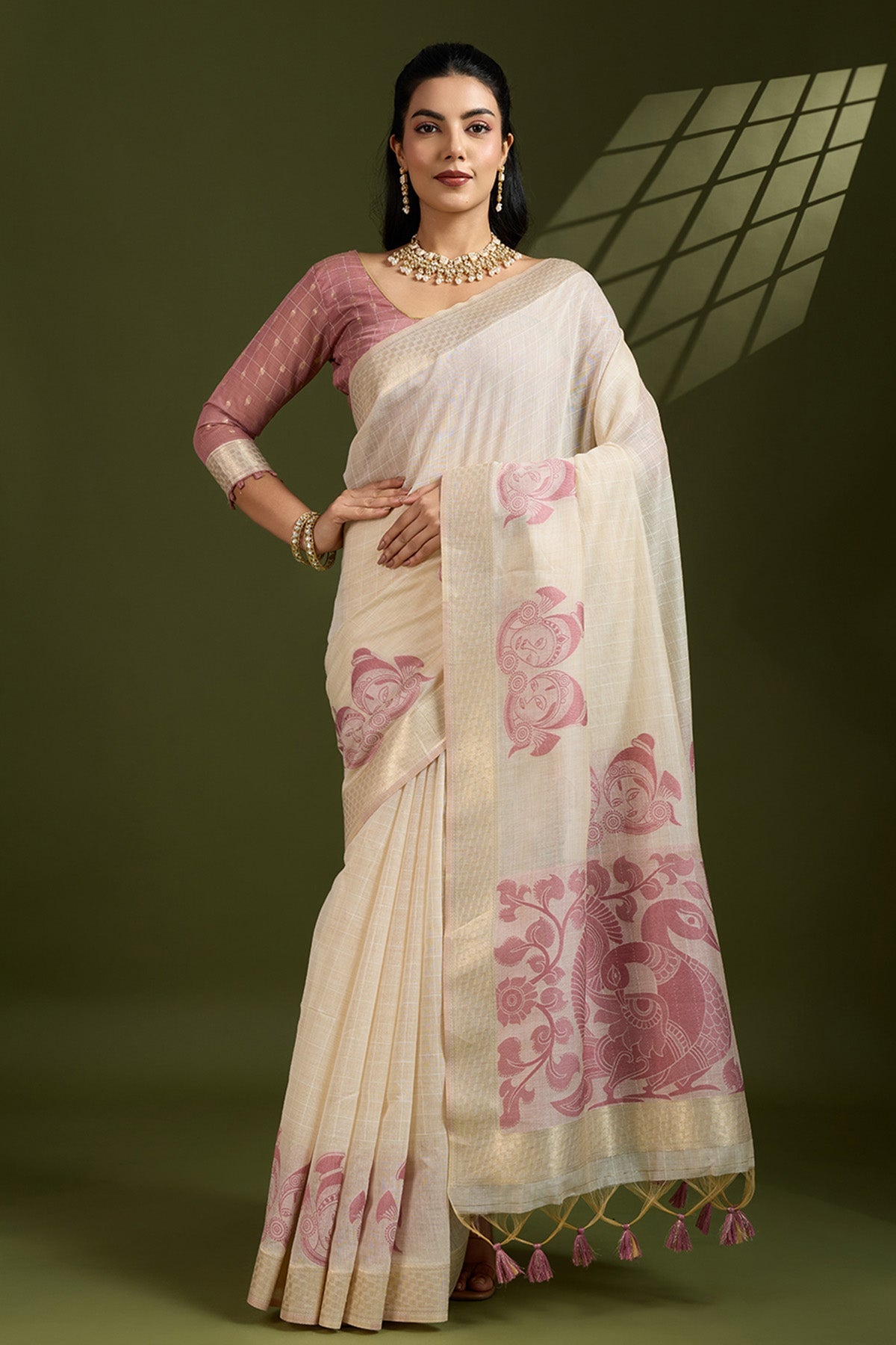 Buy Cream Muga Cotton Checks Saree for Women Online available at ScrollnShops