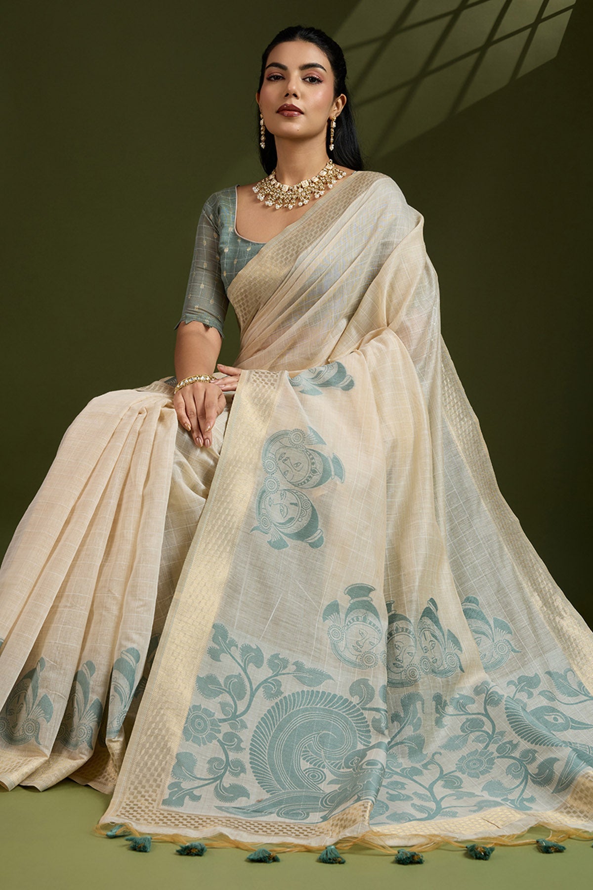 Buy Cream Muga Cotton Saree & Blouse for Women Online available at ScrollnShops