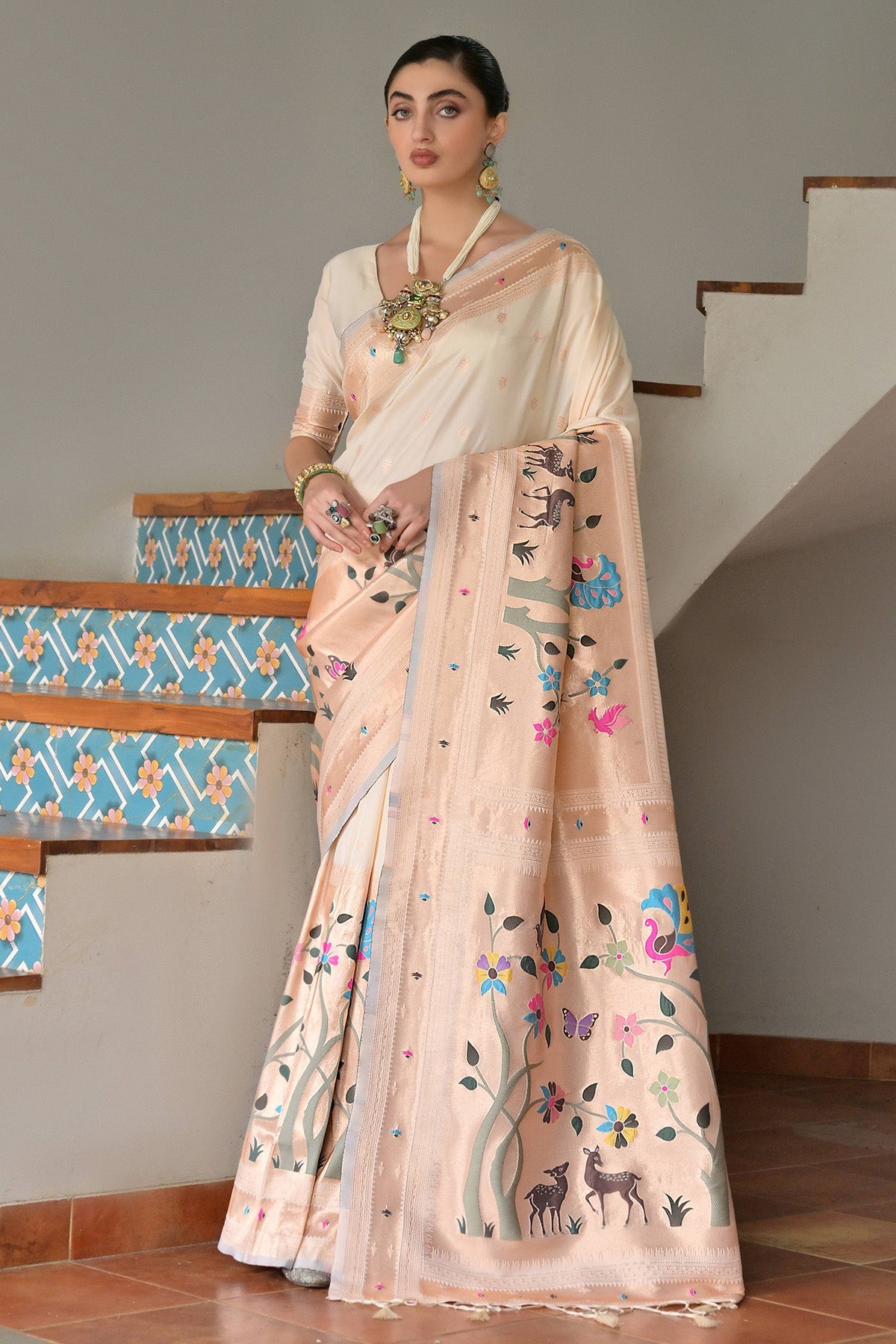 Buy Cream Paithani Silk Woven Saree for women by Lili Lala Designer online available at scrollnshops