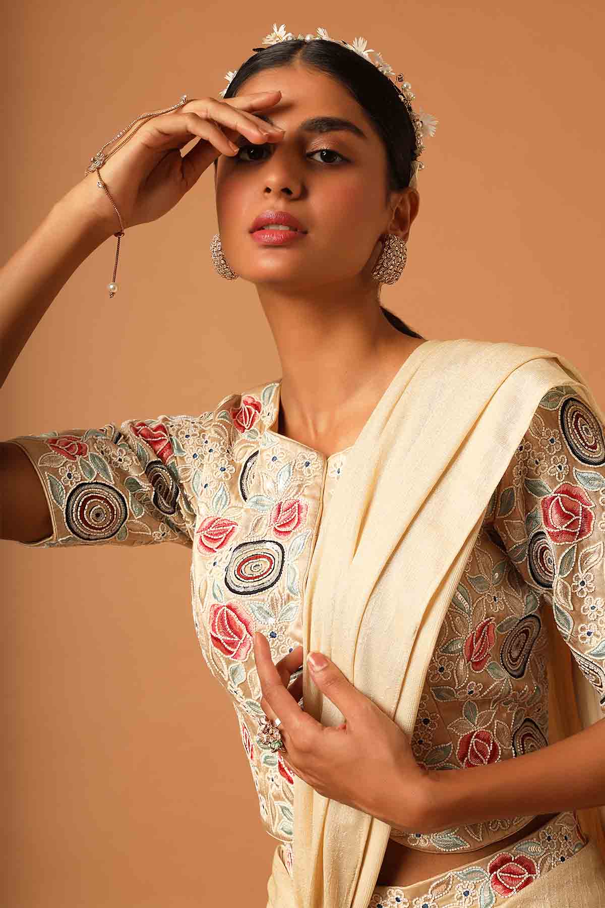 Cream Patchwork Crop Top & Skirt