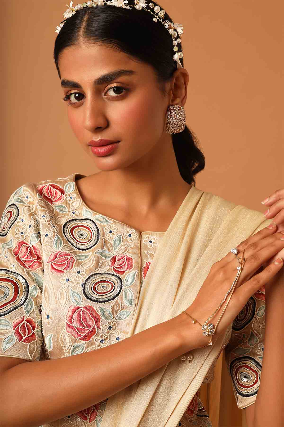 Cream Patchwork Crop Top & Skirt