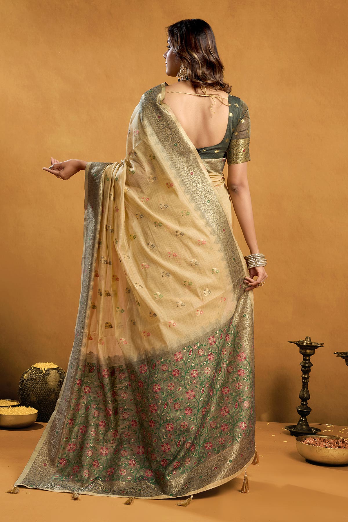 Cream Premium Cotton Zari Saree